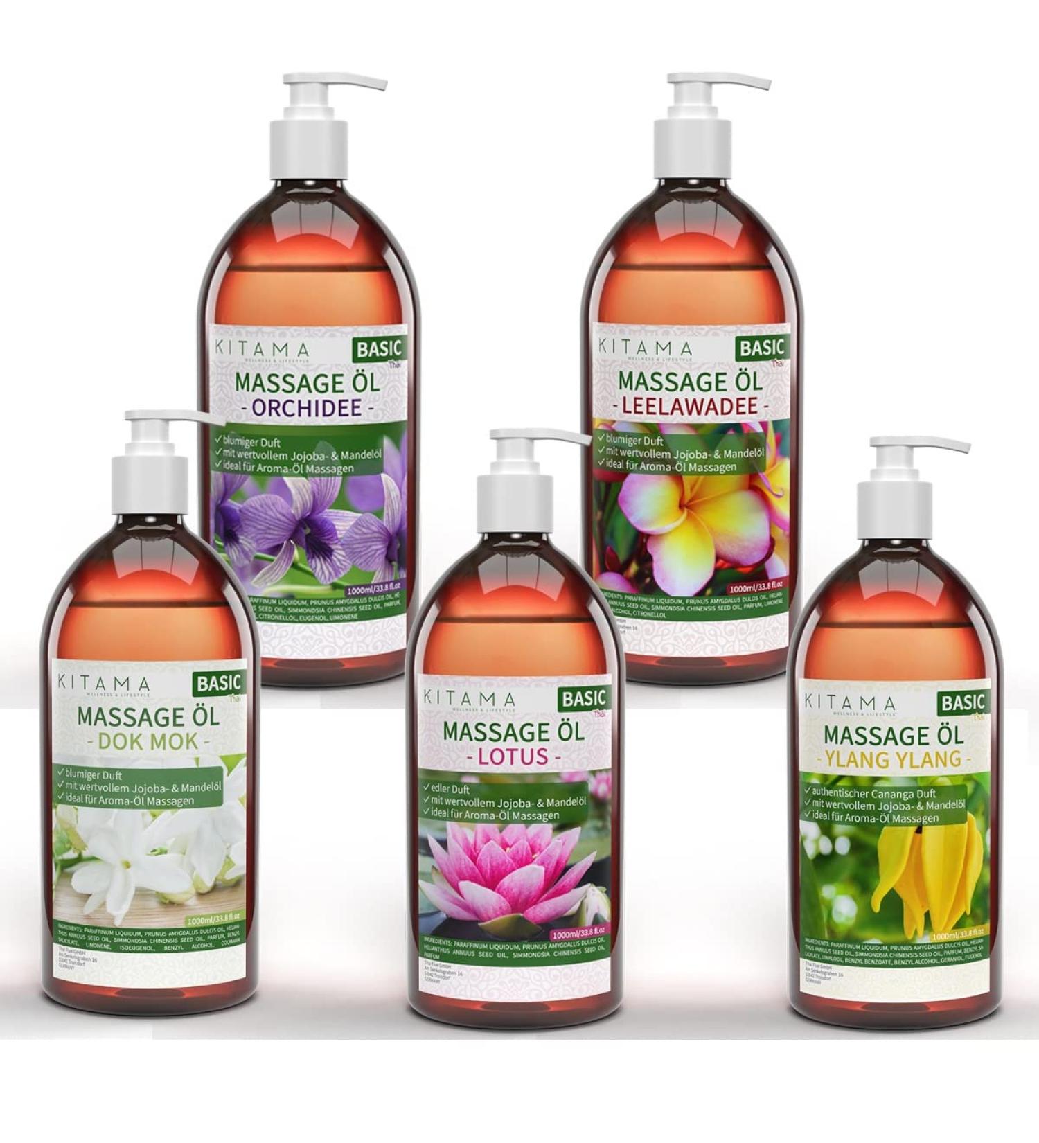 Buy KitaMa Thai Aroma Massage Oil Set (5 x 1000ml) - DOK MOK LEELAWADEE Orchid Lotus & Ylang Ylang - Premium Skin Care Oil for Relaxation | International Shipping Available - Buy Online on GoSupps.com
