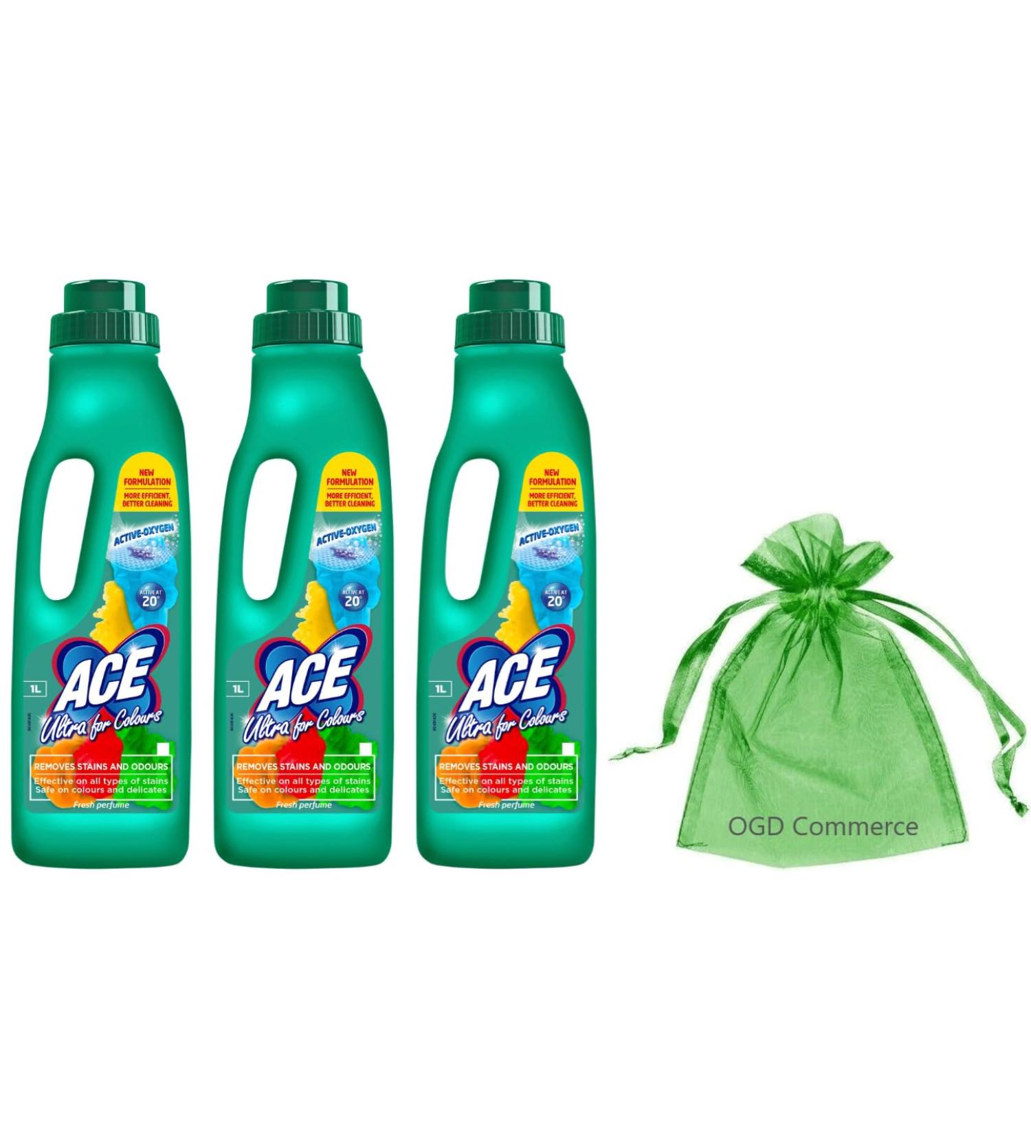 Ace Ultra for Colours Remove stains & odours Hygienic Cleaning 1L Fresh Perfume Pack of 3 + Gift For you Organza small bag - Buy Online on GoSupps.com