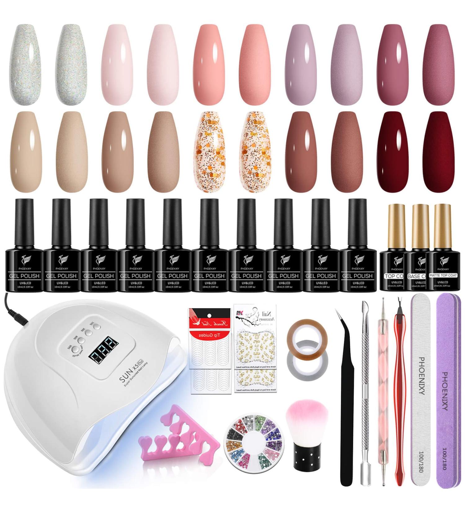Phoenixy 10 Colors Gel Nail Polish Kit - Autumn Gel Nail Set with 80W UV/LED Lamp - Base Glossy Matte Top Coat - Starter Kit Gift for Women - Buy Online on GoSupps.com