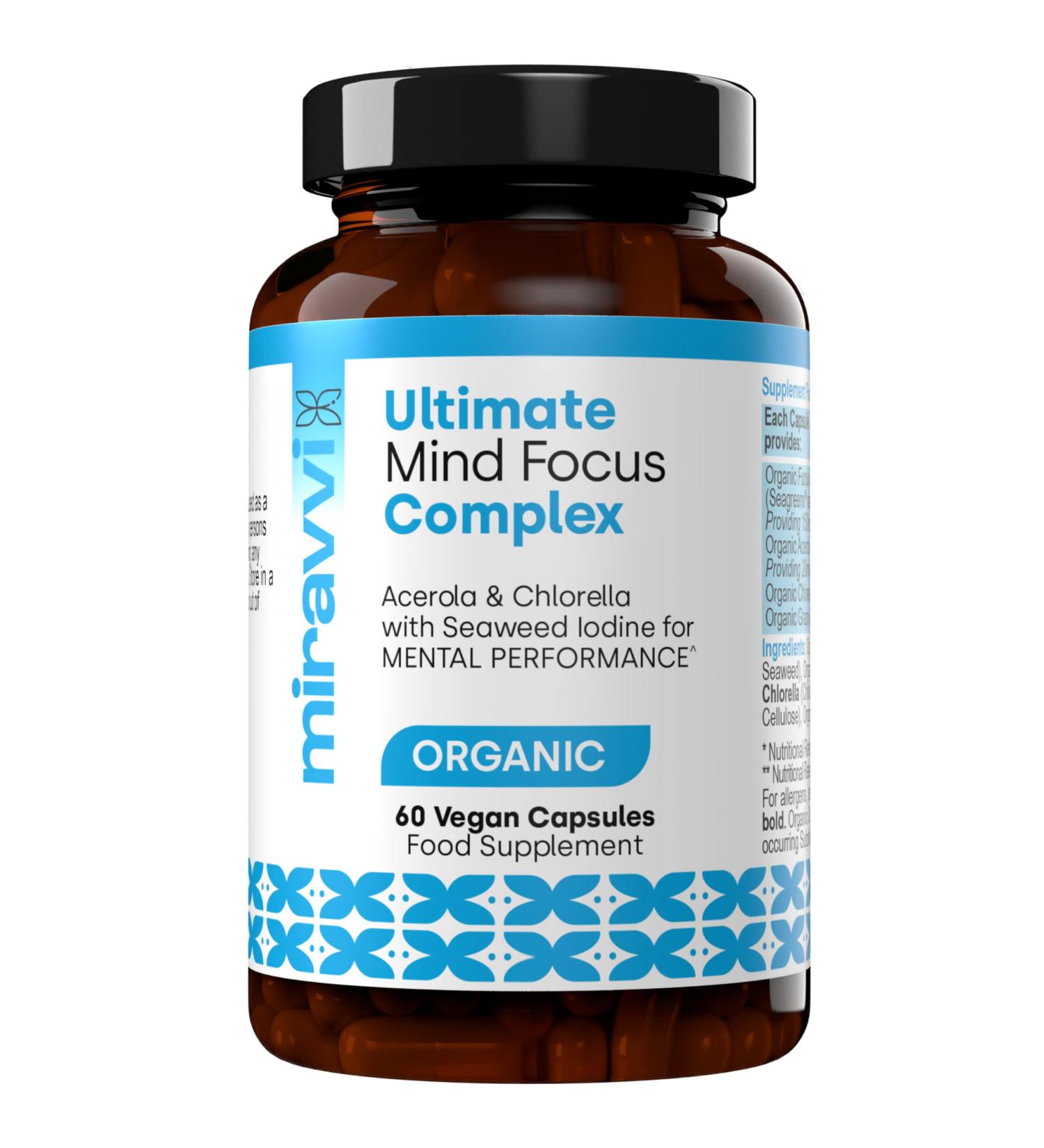 Miravvi Mind Focus Complex | Organic Mental Performance Supplement with Acerola, Chlorella & Seaweed Iodine | Vegan Capsules | High Strength | Made in UK | 60 Days Supply - Buy Online on GoSupps.com