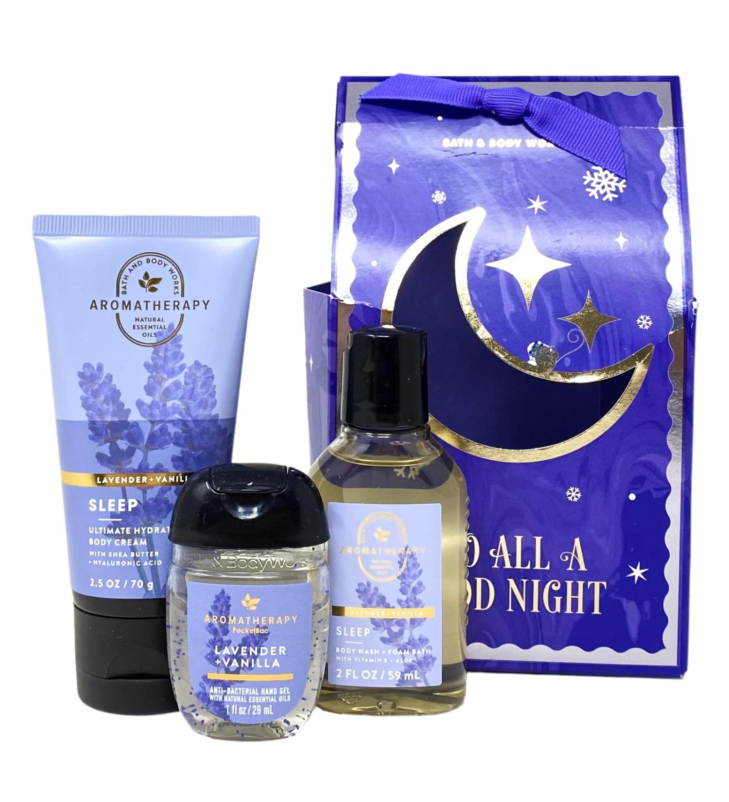 Bath and Body Work Aromatherapy Sleep LAVENDER + VANILLA To All A Good Night 3 Piece Travel Size Gift Bag Set purple