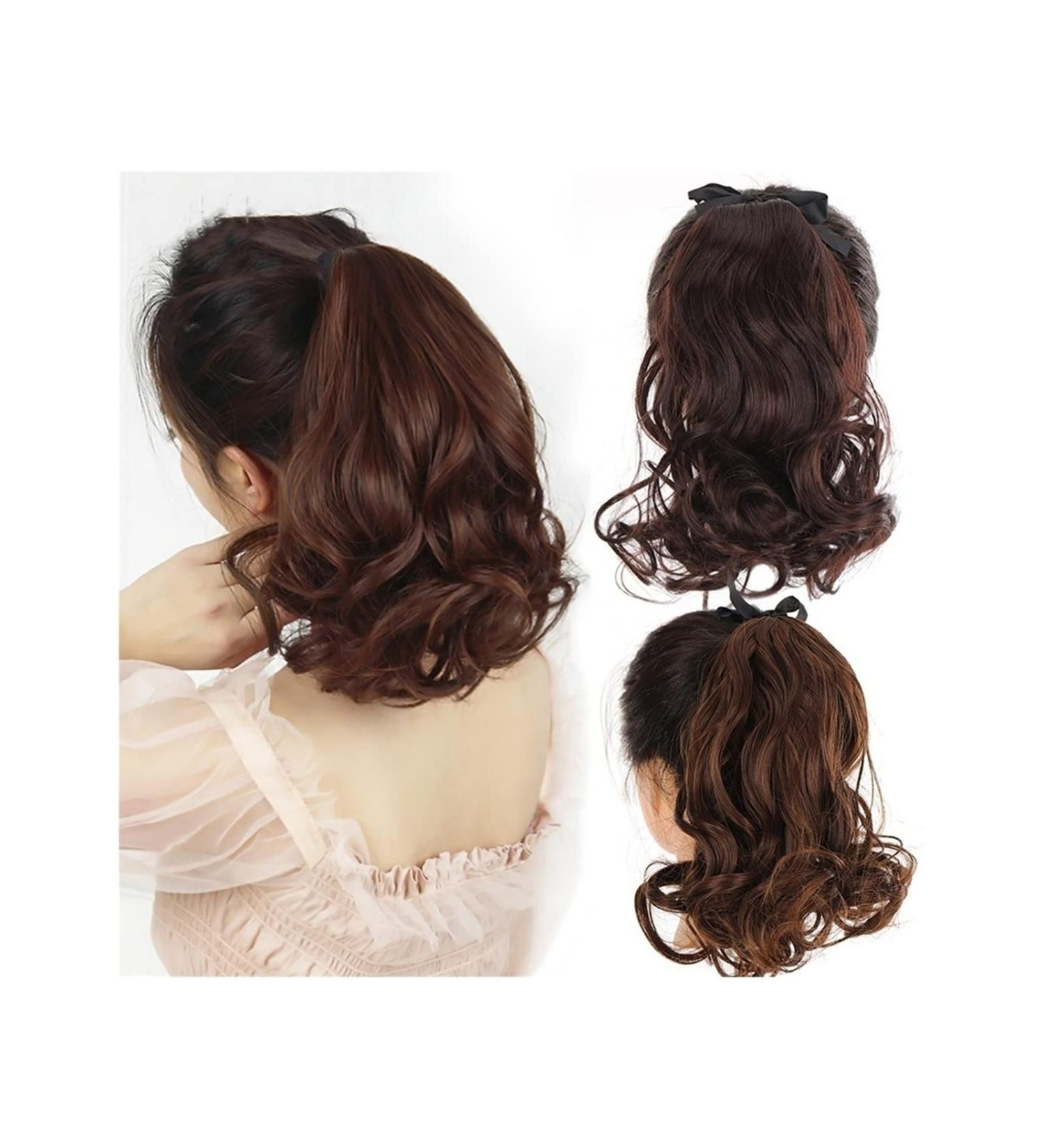 Ponytail Extensions Extension Heat Resistant Ribbon Drawstring Wavy Ponytail Hair Synthetic Short Curly Ponytail Pieces Black Brown Wavy Ponytail Hair for Women for Women(Color:001) - Buy Online on GoSupps.com