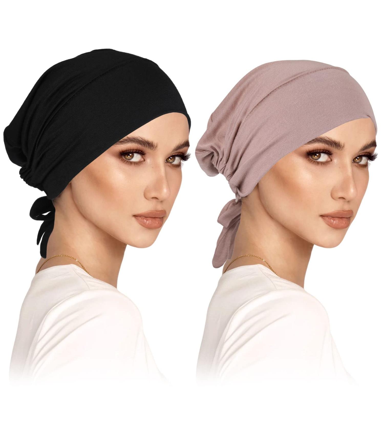 2 Pack Women s Turban Hijab Cap - Classic Slouch Beanie with Tie Back - Islamic Muslim Headscarf for Chemo & Sleeping - Solid Black & Khaki - Buy Online on GoSupps.com