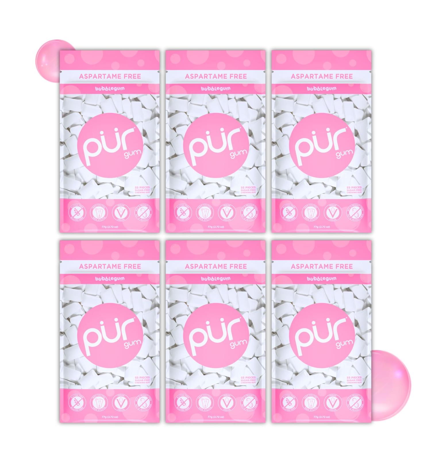 PUR GUM Sugar-Free Chewing Gum | 100% Xylitol | Vegan Aspartame-Free Gluten-Free & Diabetic-Friendly | Natural Bubblegum Flavor | 6-Pack (55 Pieces Each) - Buy Online on GoSupps.com