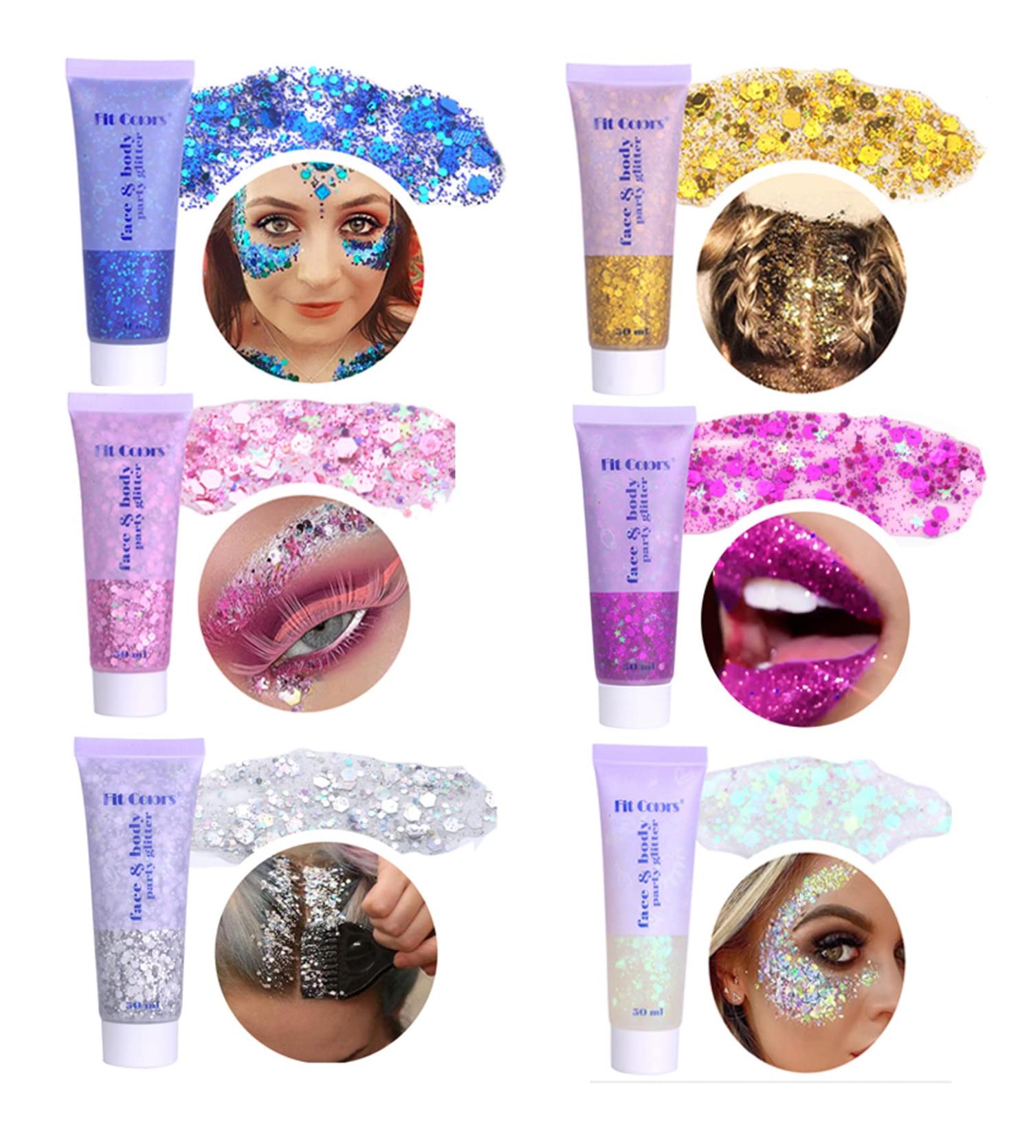 6 Pcs Holographic Sparkling Body Glitter Gel Set - Waterproof and Long Lasting Shimmer Makeup for Body, Face, Nail, Hair, Lip, Eye in White Gold, Silver, Pink, Purple, Blue - Buy Online on GoSupps.com