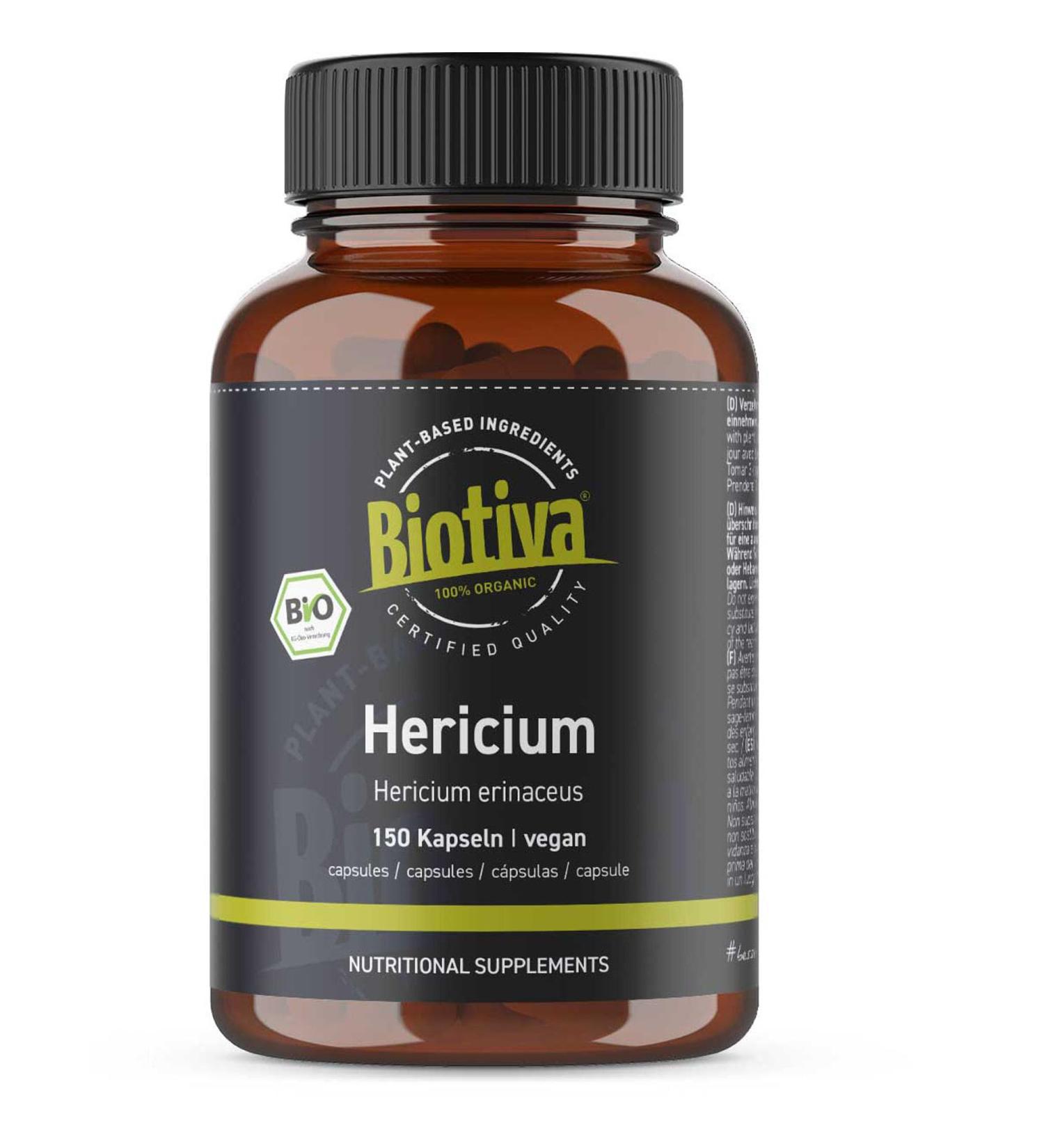 Organic Hedgehog Hydne 150 Capsules - Yamabushitake - Hericium erinaceus - Vegan - Packaged and Certified in Germany - Vegan HPMC Capsules - Biotiva - Buy Online on GoSupps.com