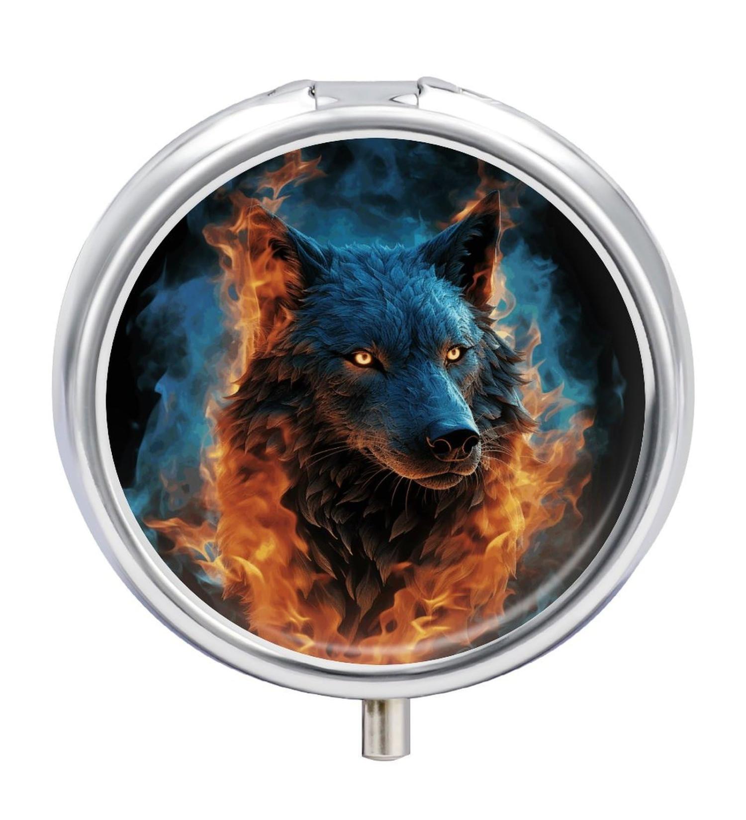 Round Pill Box with Wolf Head & Blue Flames | 3-Compartment Portable Pill Organizer | Decorative Metal Pocket Case - Style 35 - Buy Online on GoSupps.com