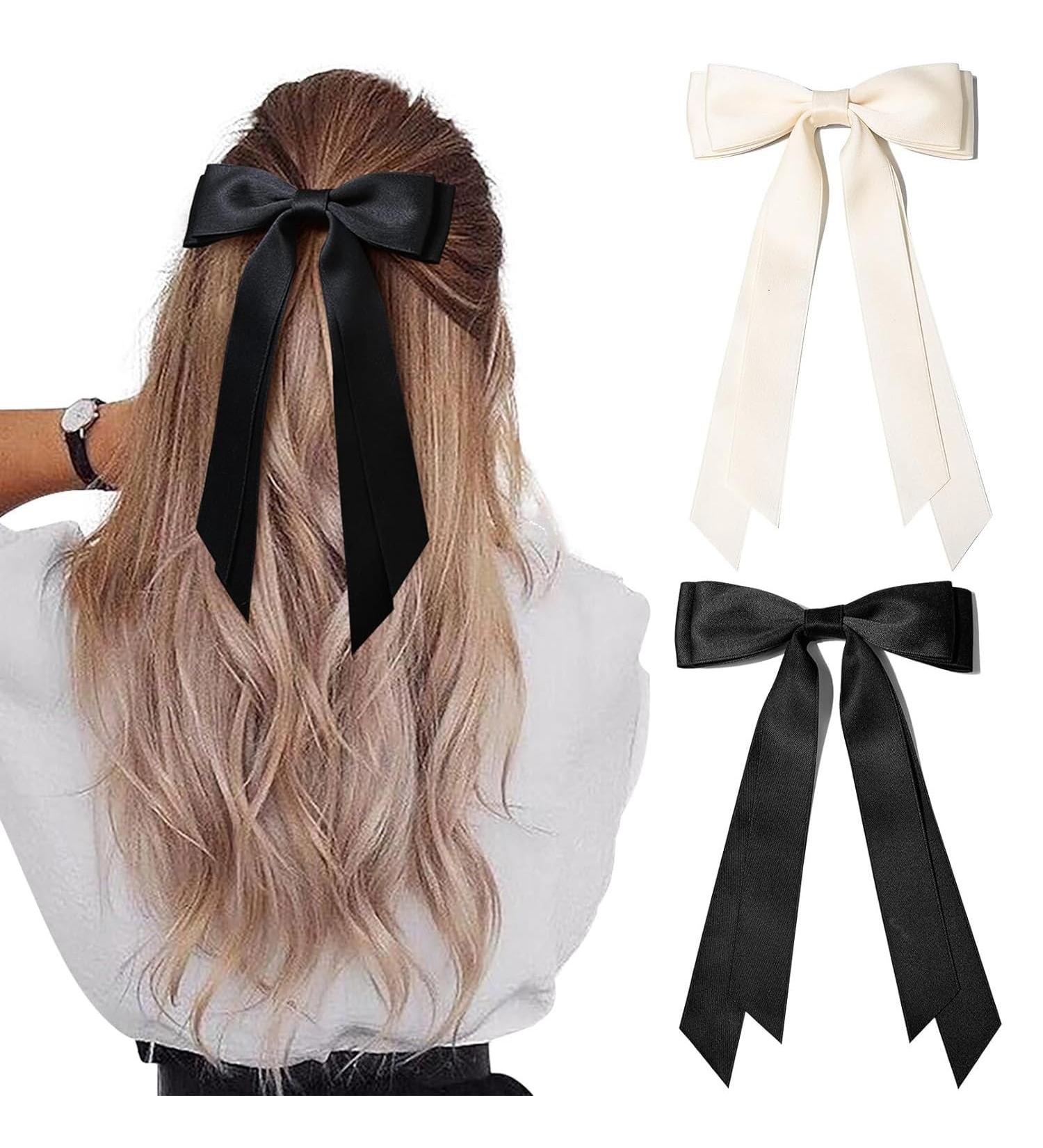 Chic Bow Hair Clips for Women and Girl Set of 2 Big Bowknot Hairpins with Satin Ribbons - French Hair Barrettes in Elegant Colors - Buy Online on GoSupps.com