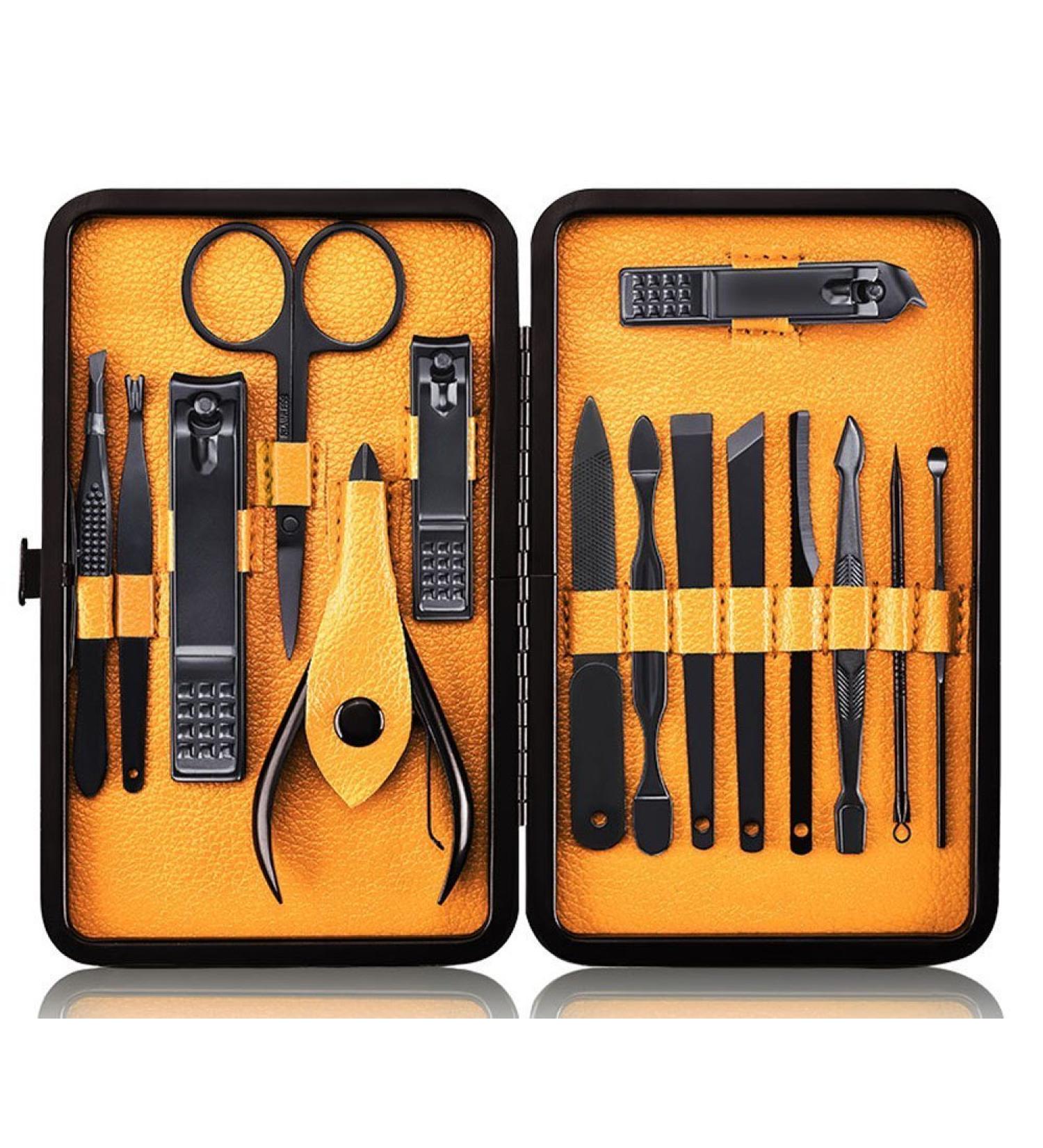 Manicure Set Nail Set Nail Clipper Kit Professional - Stainless Steel Pedicure Set Nail Grooming Kit of 15pcs with Case for Travel (Black/Yellow) - Buy Online on GoSupps.com