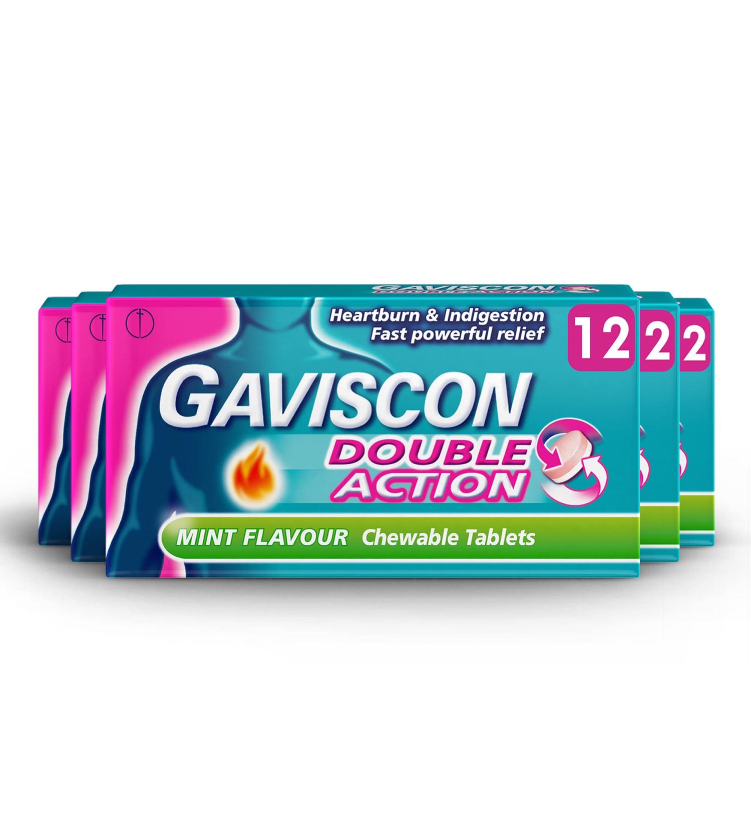 Gaviscon Double Action Tablets for Heartburn and Indigestion Mint Chewable Multipack of 5 x 12 Tablets Total 60 Tablets - Buy Online on GoSupps.com