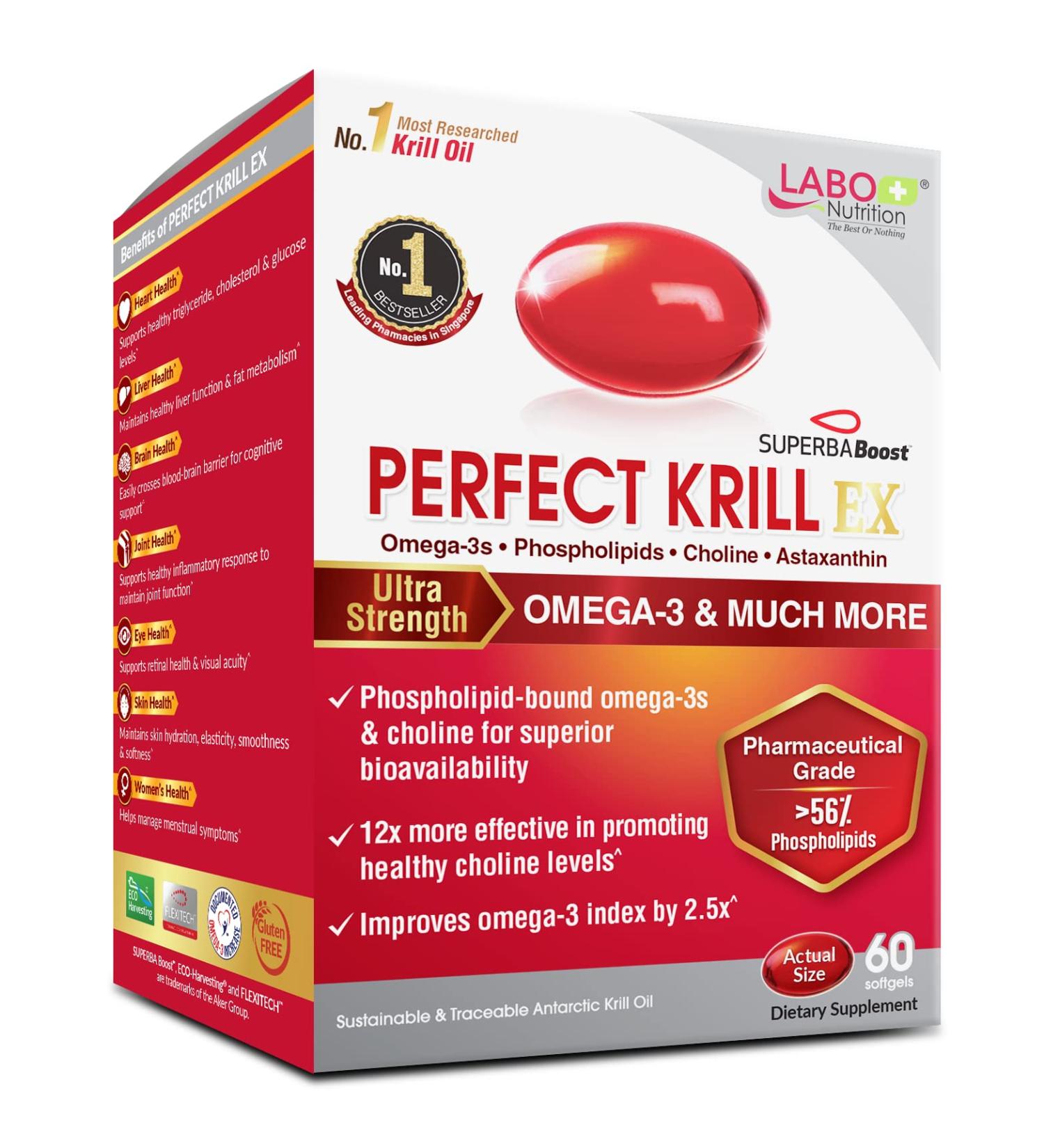 LABO Nutrition Perfect Krill EX - Ultra Strength Antarctic Krill Oil with Choline, Astaxanthin, Omega 3 - Heart & Joint Support - 60 Softgels - Buy Online on GoSupps.com
