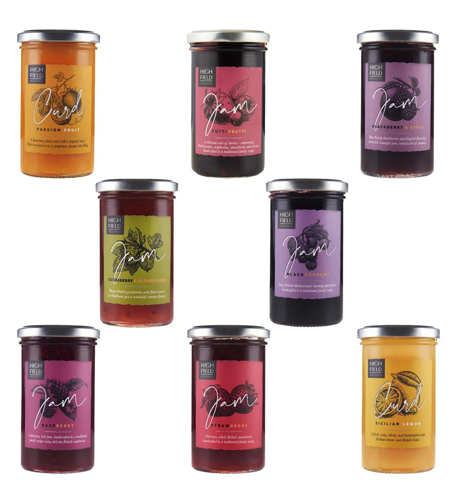 Highfield Preserves Jam & Curd Pick N Mix - Choose From 8 Flavours | Blackberry Blackcurrant Gooseberry Passionfruit Raspberry Sicilian Lemon Strawberry Frutti - Pack of 4 - Buy Online on GoSupps.com