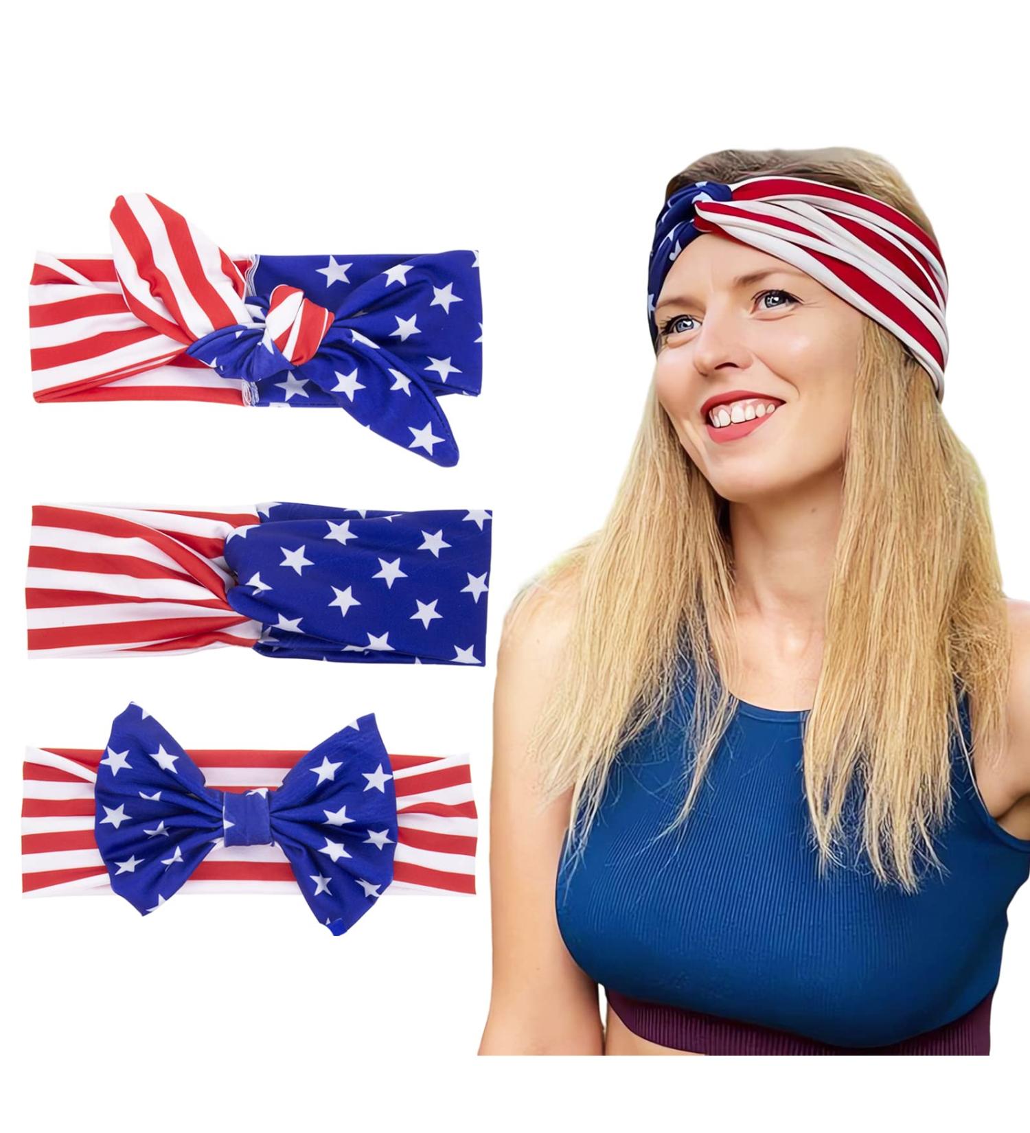Patriotic American Flag Headbands - 3 Pack Independence Day Hair Accessory for Adults - Red White Blue Stars Elastic Hairbands - 4th of July Fashion for Unisex - Buy Online on GoSupps.com