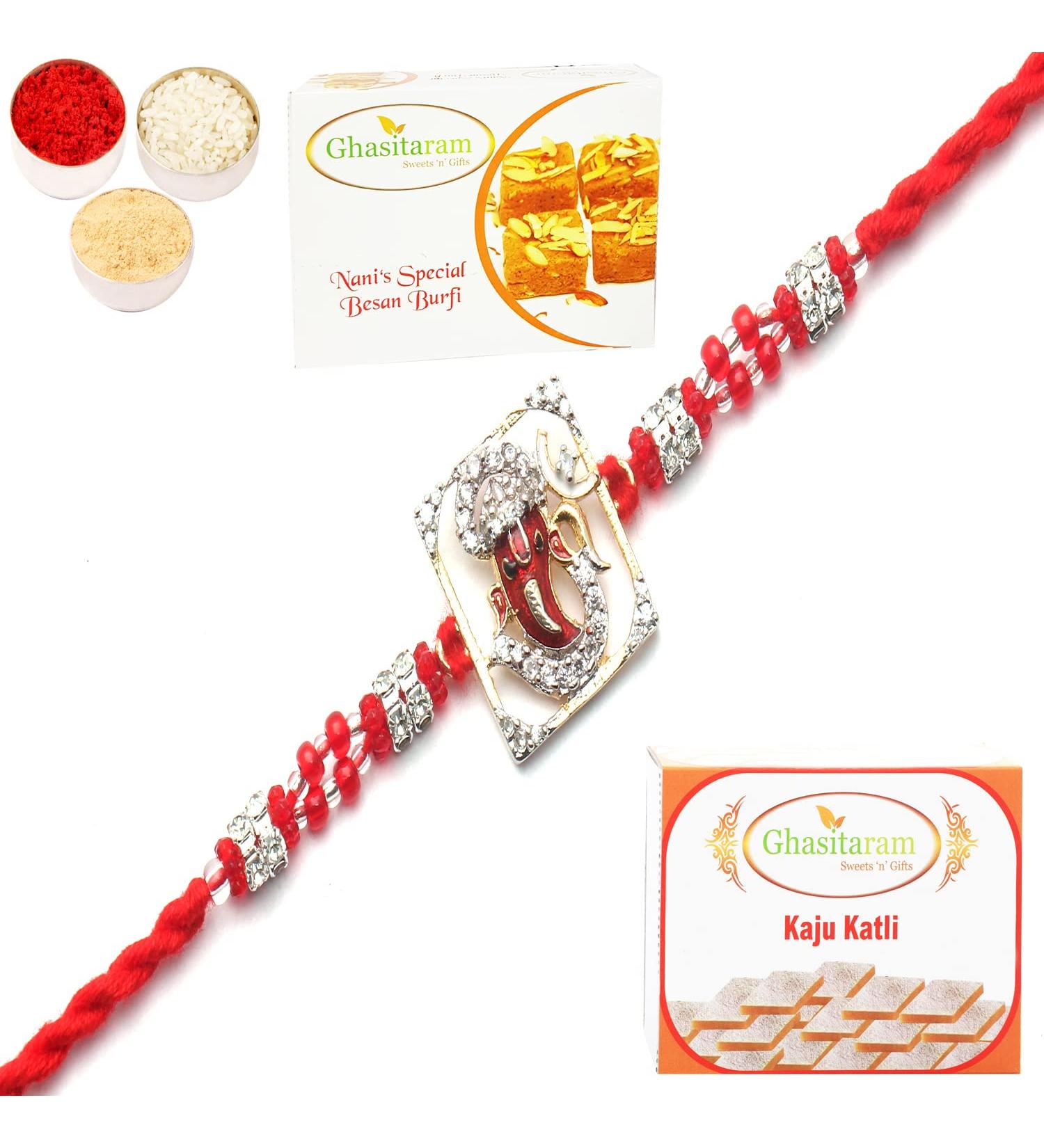 Ghasitaram Gifts Rakhi for Brother Rakhis Online - May Lord Ganesha Be with You Forever Rakhi with 200 GMS of Besan Barfi and 200 GMS of Kaju Katli Rakhi with 200 gms of Besan Barfi & Kaju Katli - Buy Online on GoSupps.com