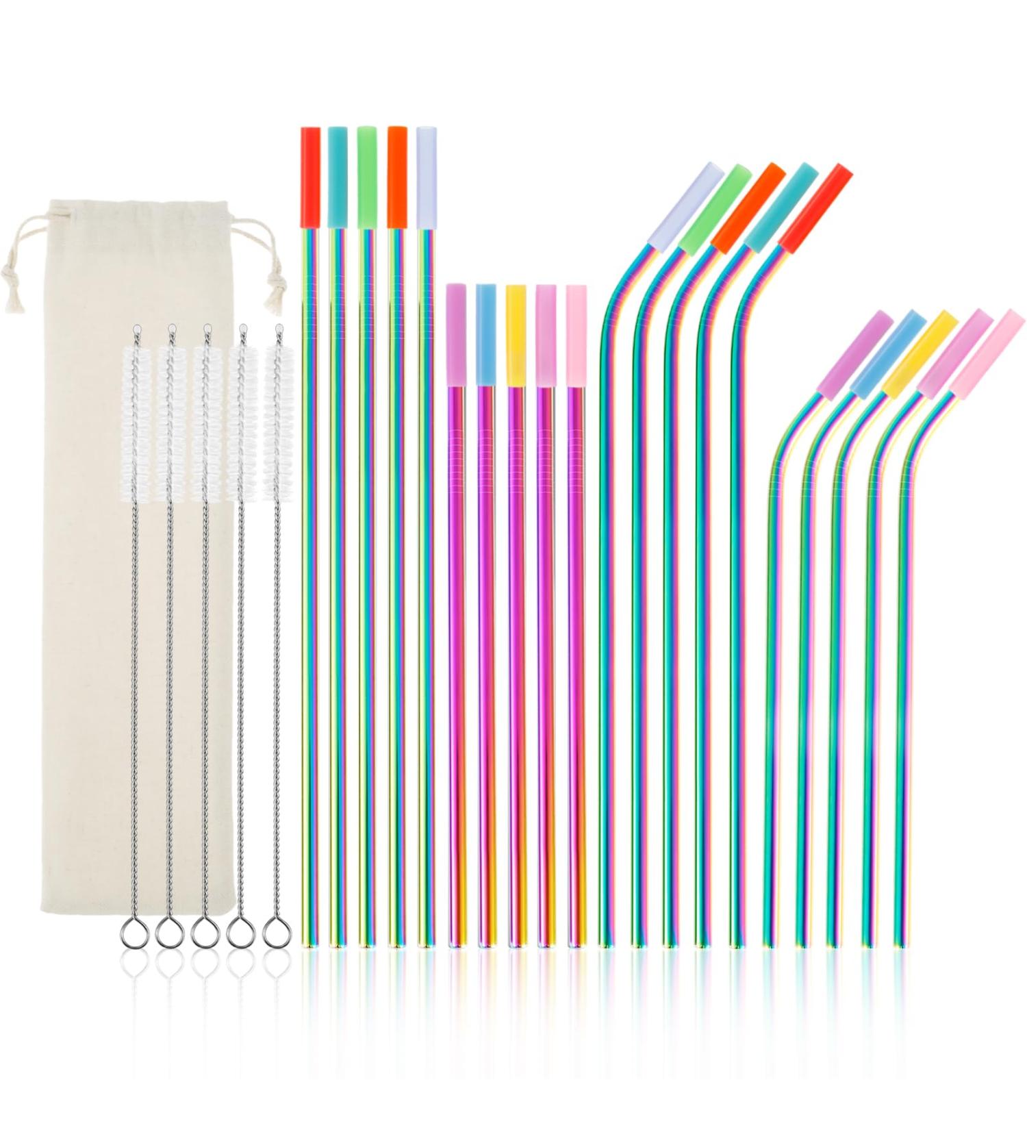 20 Pcs Stainless Steel Metal Straws 10.5" & 8.5" Curved Straws Straight Straws Long Drinking Straws Short Straws with Silicone Tips Straw Brush Storage Bag for 16 oz and 20 oz Tumbler Cups (Colorful) - Buy Online on GoSupps.com