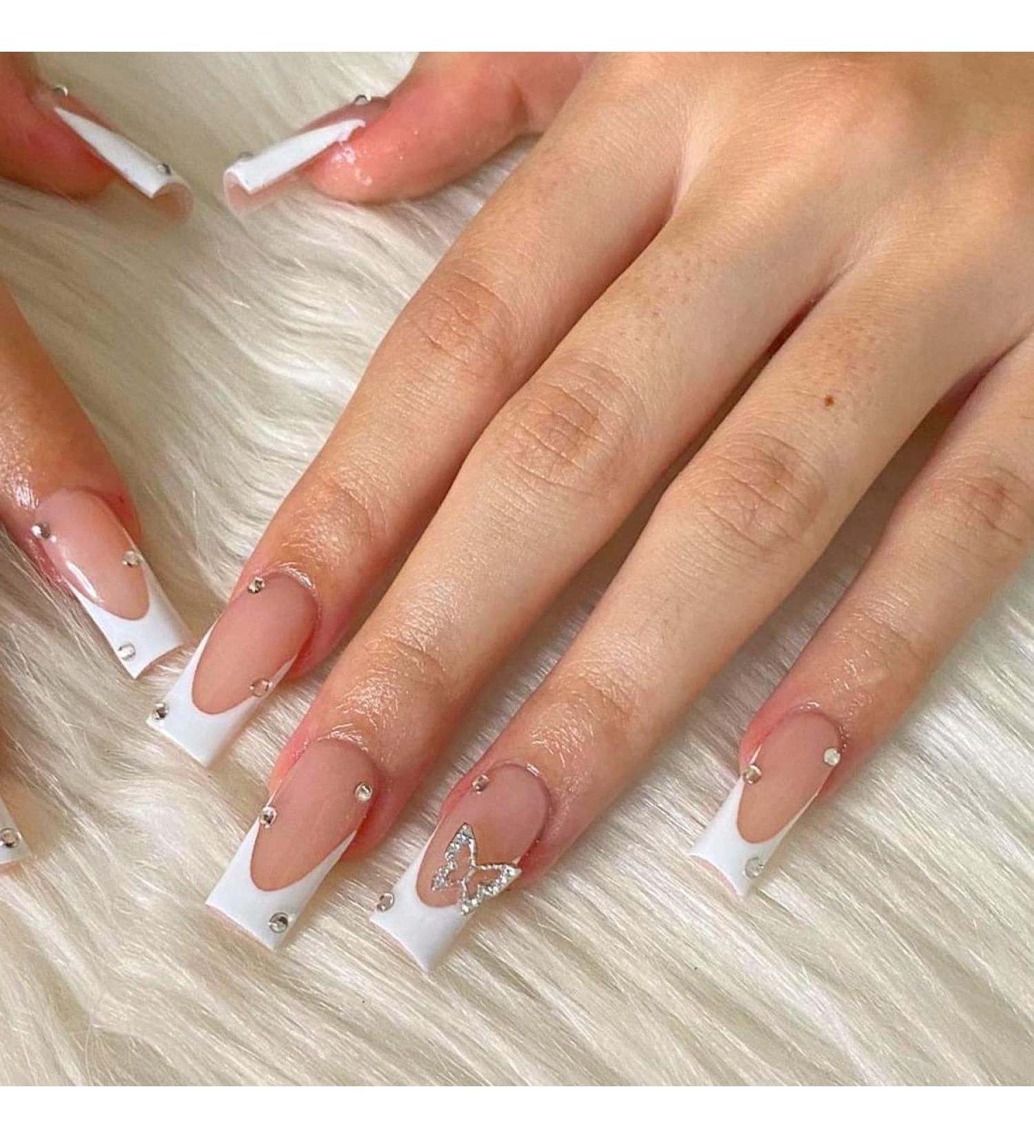 24Pcs Pink Rhinestone Square Long Press on Nails with Butterfly Charm - Glossy Acrylic Fake Nails for Women and Girls - Buy Online on GoSupps.com