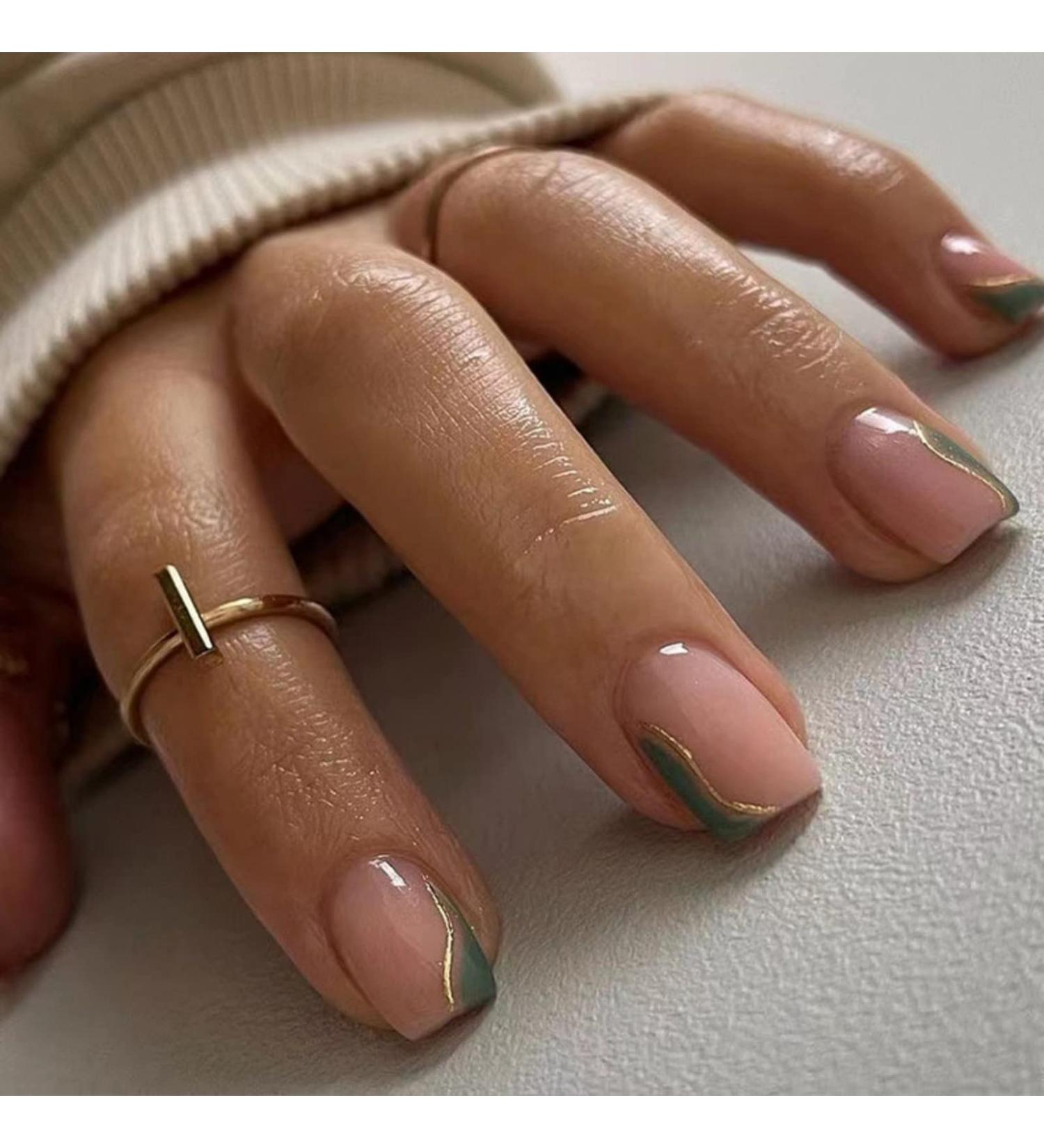 Shop Justotry 24-Piece Angular Olive Green French Artificial Nails - Press-On Medium Nude Art & Swirl Square Fake Nails for Women - Buy Online on GoSupps.com