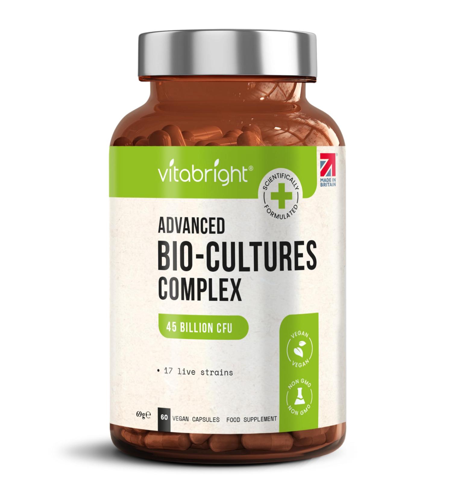 VitaBright Bio Cultures Complex: 45 Billion CFU Vegan Probiotic Capsules | 17 Live Bacteria Strains | High Strength Advanced Probiotic Supplement - Made in UK - Buy Online on GoSupps.com