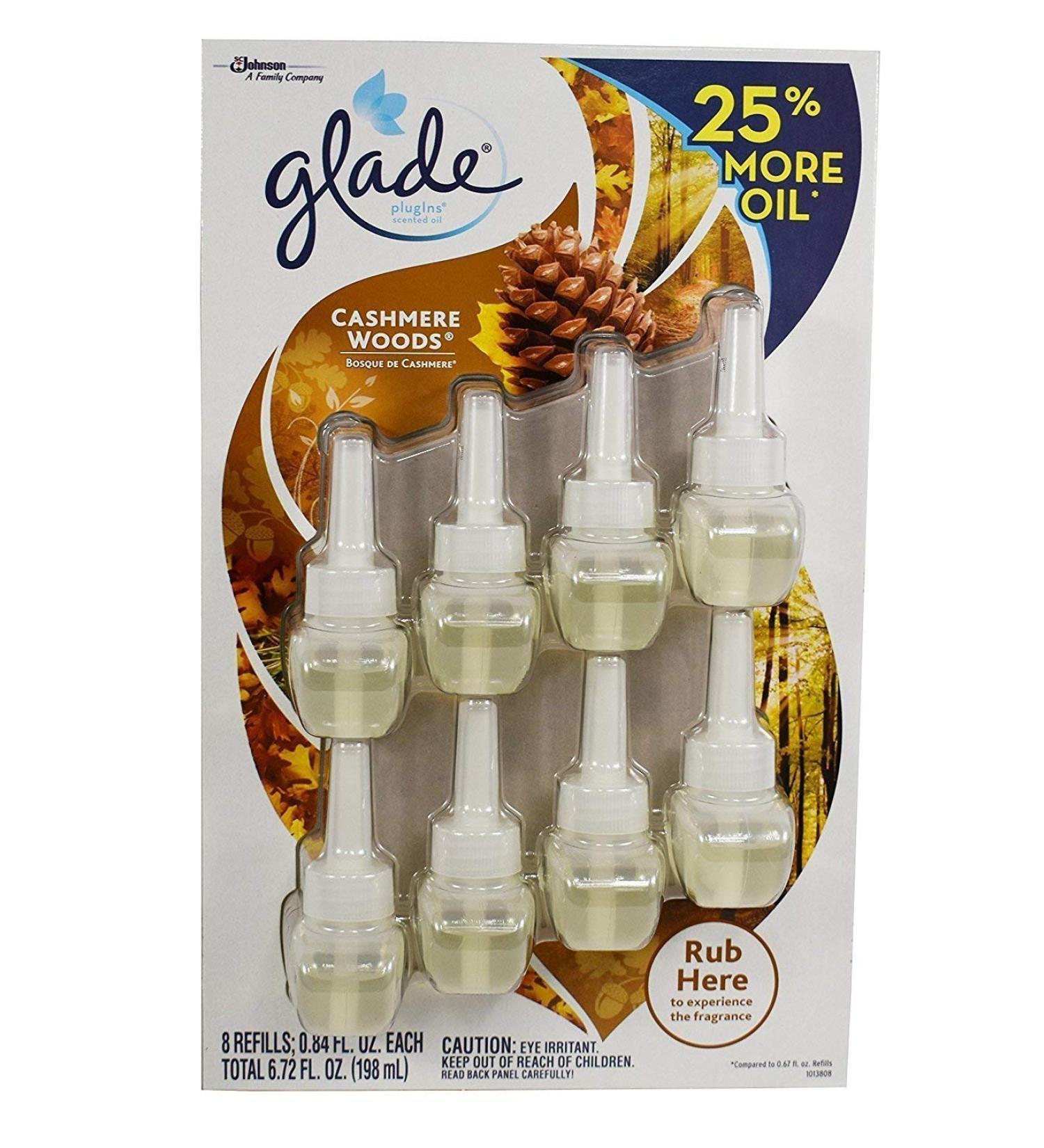 Glade Plugins Cashmere Woods 8 Refills 25% More, 5.36 flOunce Transparent