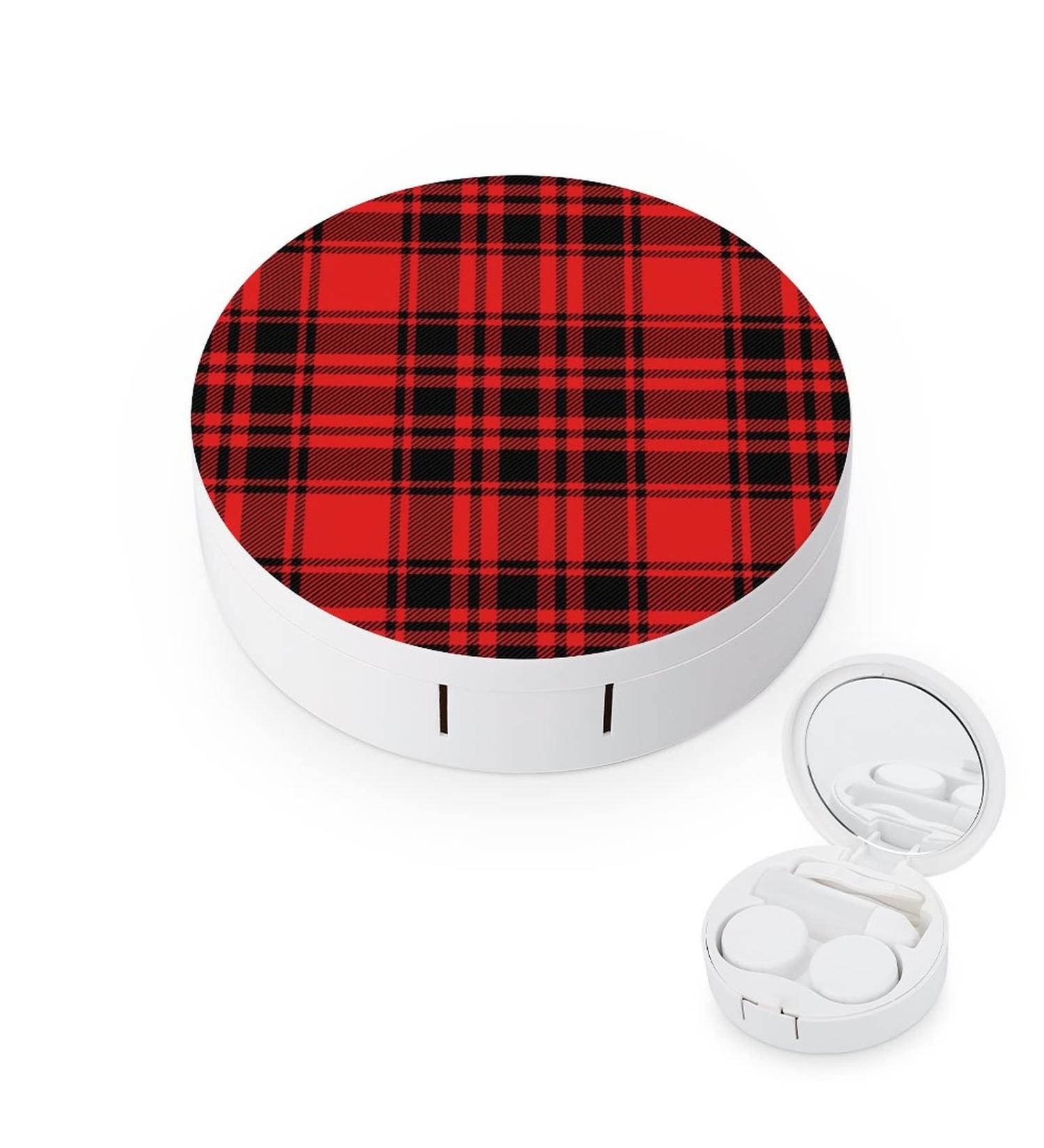 Christmas Red And Black Plaid Round Case For Contact Lens Kit Storage Box with Mirror Printed - Buy Online on GoSupps.com