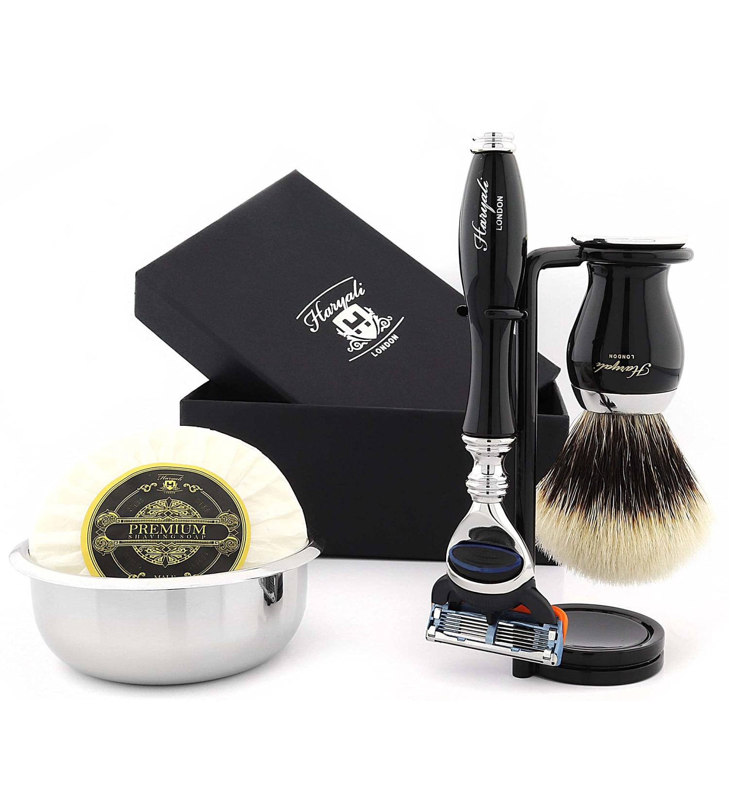 Classic Shaver Razor Set with Silver Tip Brush Shaving Bowl & Soap - Double-Sided 5-Blade Long Handle Razor & Stand for Men - Buy Online on GoSupps.com