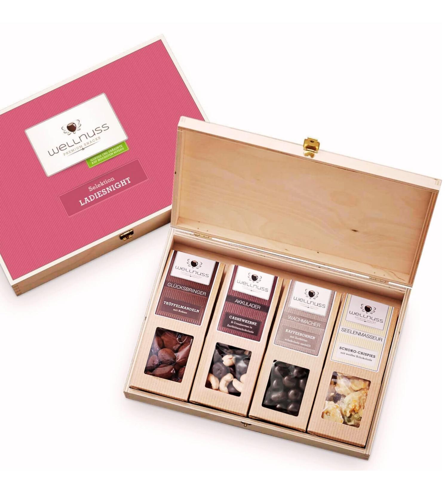 Wellnuss Ladiesnight Gift Set | Premium 4 Nut & Chocolate Snacks in Birch Wood Box | Perfect Gift for Women Girlfriend Mother Sister - Buy Online on GoSupps.com