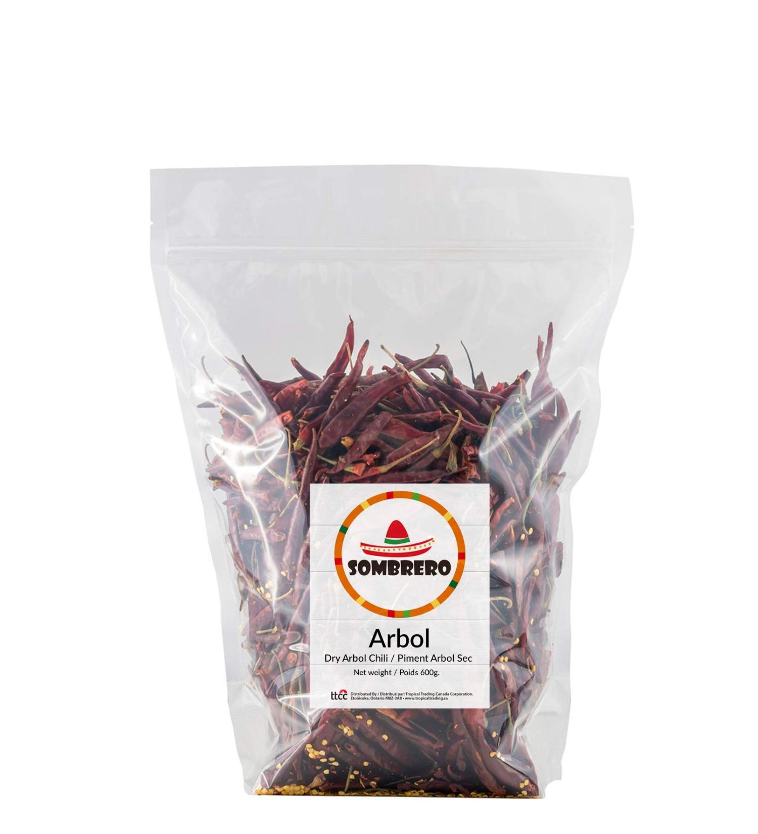 Dried Arbol Chili Peppers with stems 600gr by Sombrero (Bird s peak Chile de Arbol or Rat s tail chili). Known as Mexico s hottest chili! Perfect for Food Service (Restaurants Caterers and Institutional Cafeterias) 600 gr - Buy Online on GoSupps.com