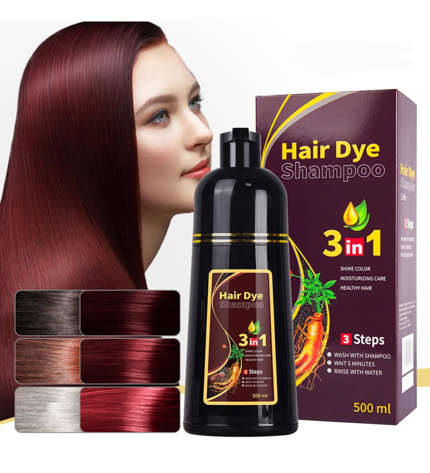  JHzood 3-in-1 Natural Hair Colour Shampoo Hair Dye with Ginseng and Ganoderma Extracts Multiple Shades Available For Short and Long Hair 500ML (Deep Wine Red) - Buy Online on GoSupps.com