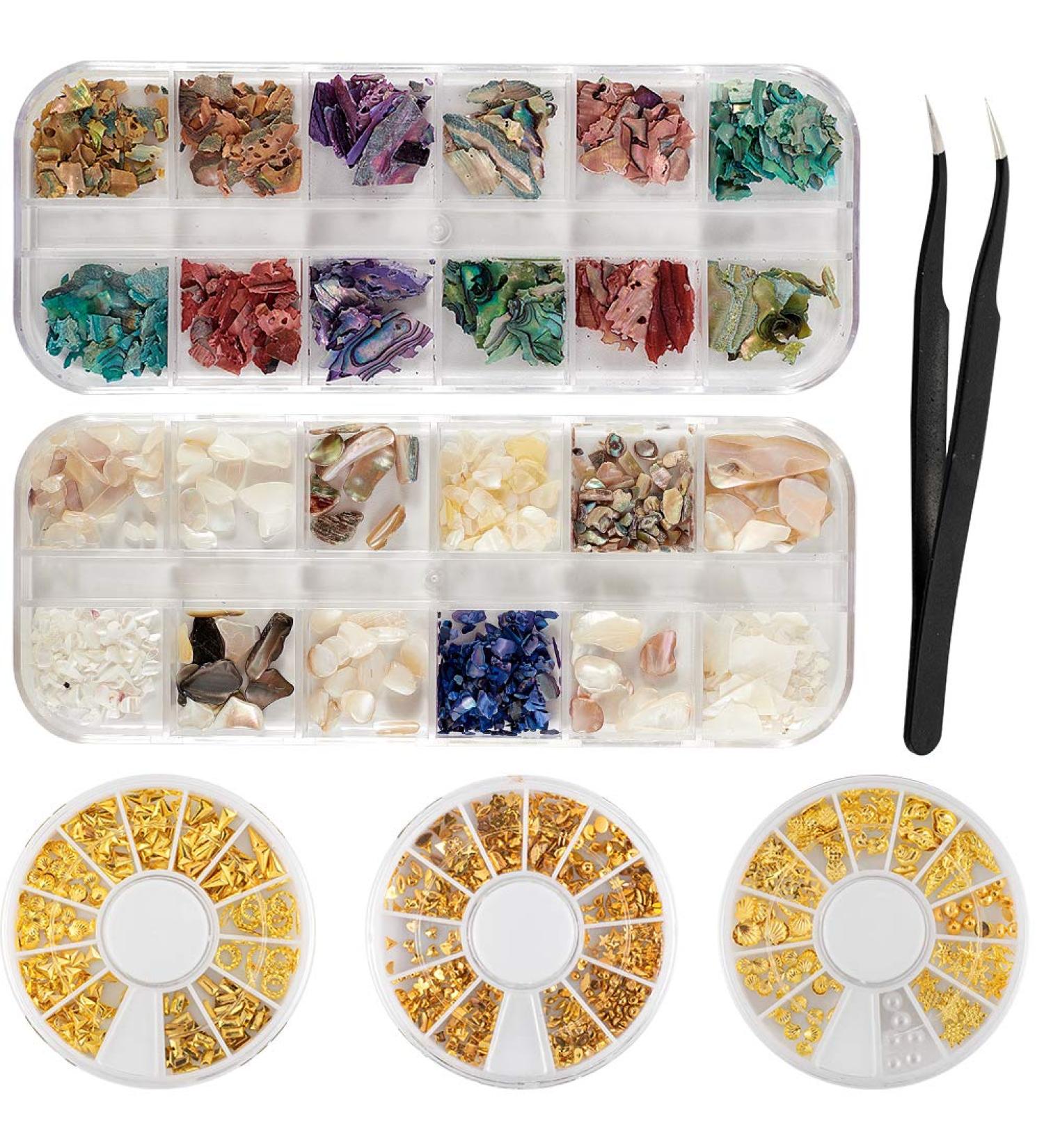 Buy Niceneeded Nail Art Crushed Shell Seashell Set - Irregular Abalone Slices & 3 Shell Sea Studs with Tweezers for Stunning Nail Designs - Buy Online on GoSupps.com