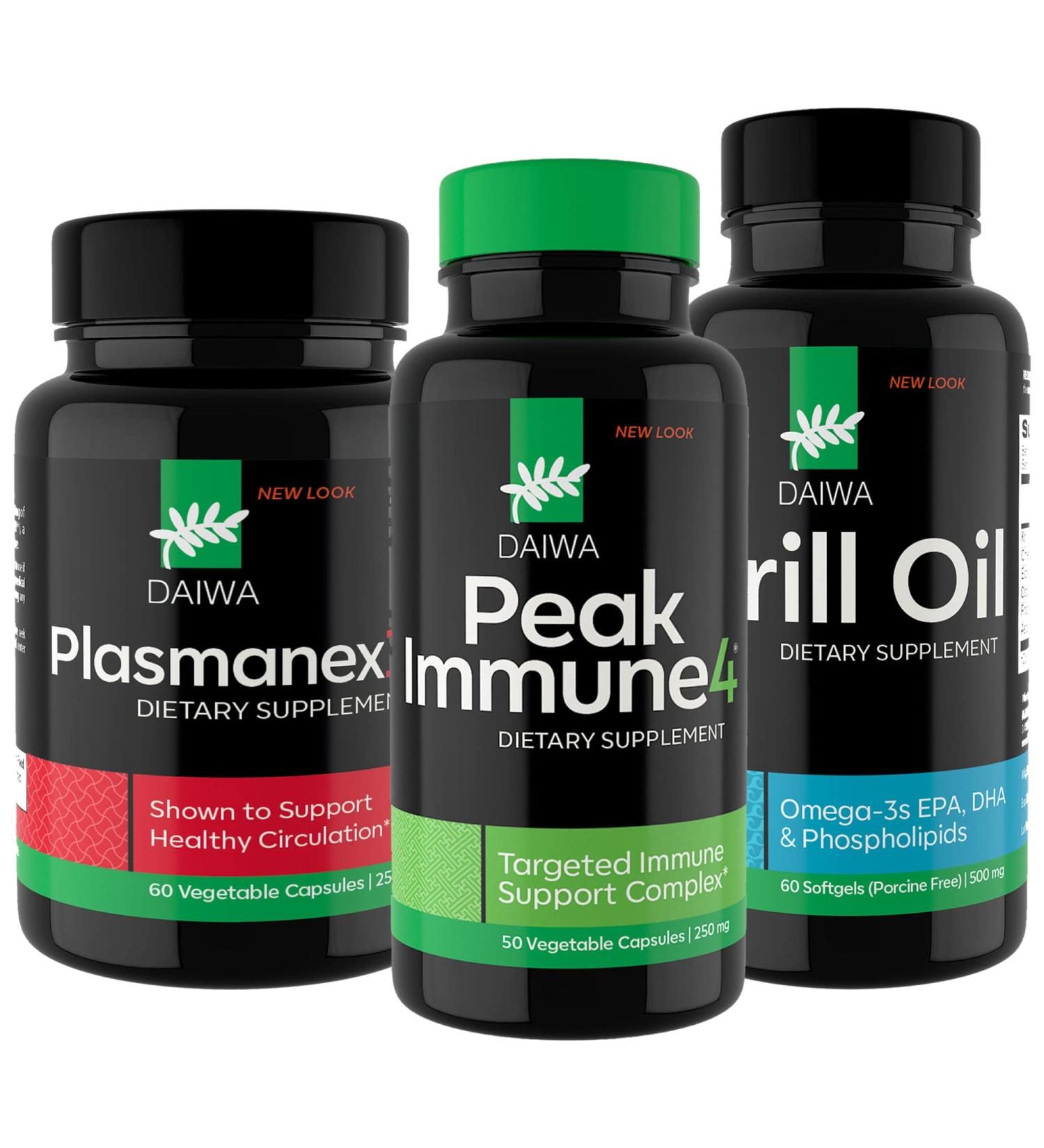 Daiwa Peak Immune 4 - Natural Immune System Booster + Plasmanex 1 Blood Circulation Supplement + Krill Oil Omega 3 Krill Oil Capsules - Buy Online on GoSupps.com