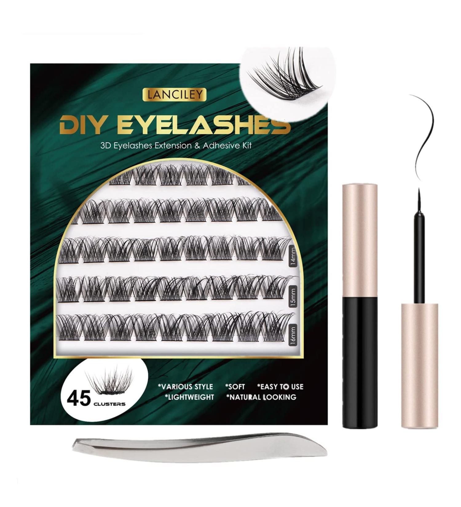 Lanciley Individual Lashes CC Curl DIY Eyelash Extension Kit - 45 Clusters with Glue & Tweezers - Easy to Use for Makeup Beginners - Fluffy Style - Buy Online on GoSupps.com