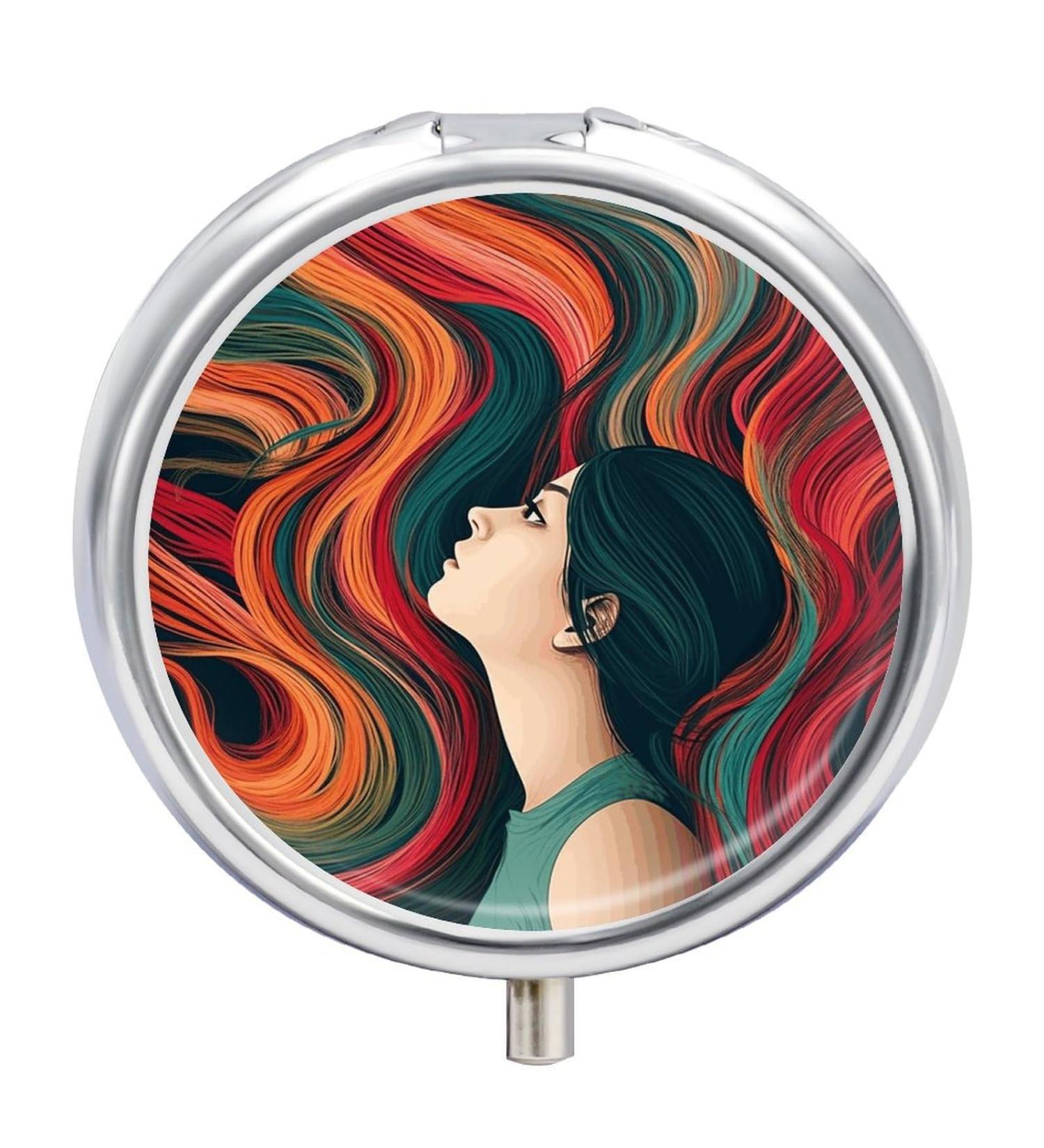 Stylish Round Pill Box for Women - Colorful Hair Print 3 Compartment Metal Organizer - Portable Decorative Pill Case Style-36 - Buy Online on GoSupps.com