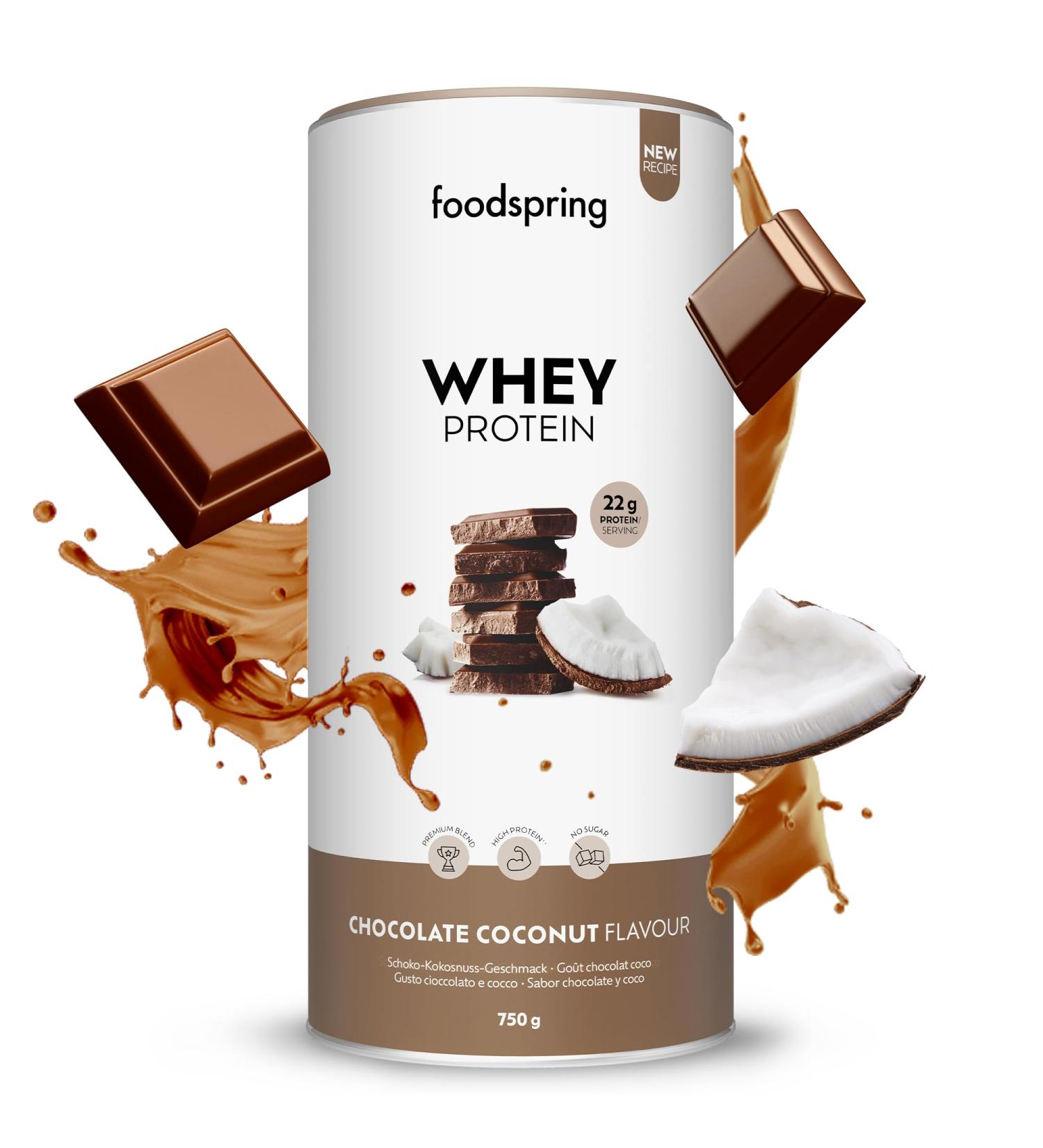 foodspring - Whey Protein Powder Chocolate Coconut - With 22g of muscle growth protein perfect solubility ultra-filtered and rich in BCAA and EAA - complete and delicious taste (750g) - Buy Online on GoSupps.com