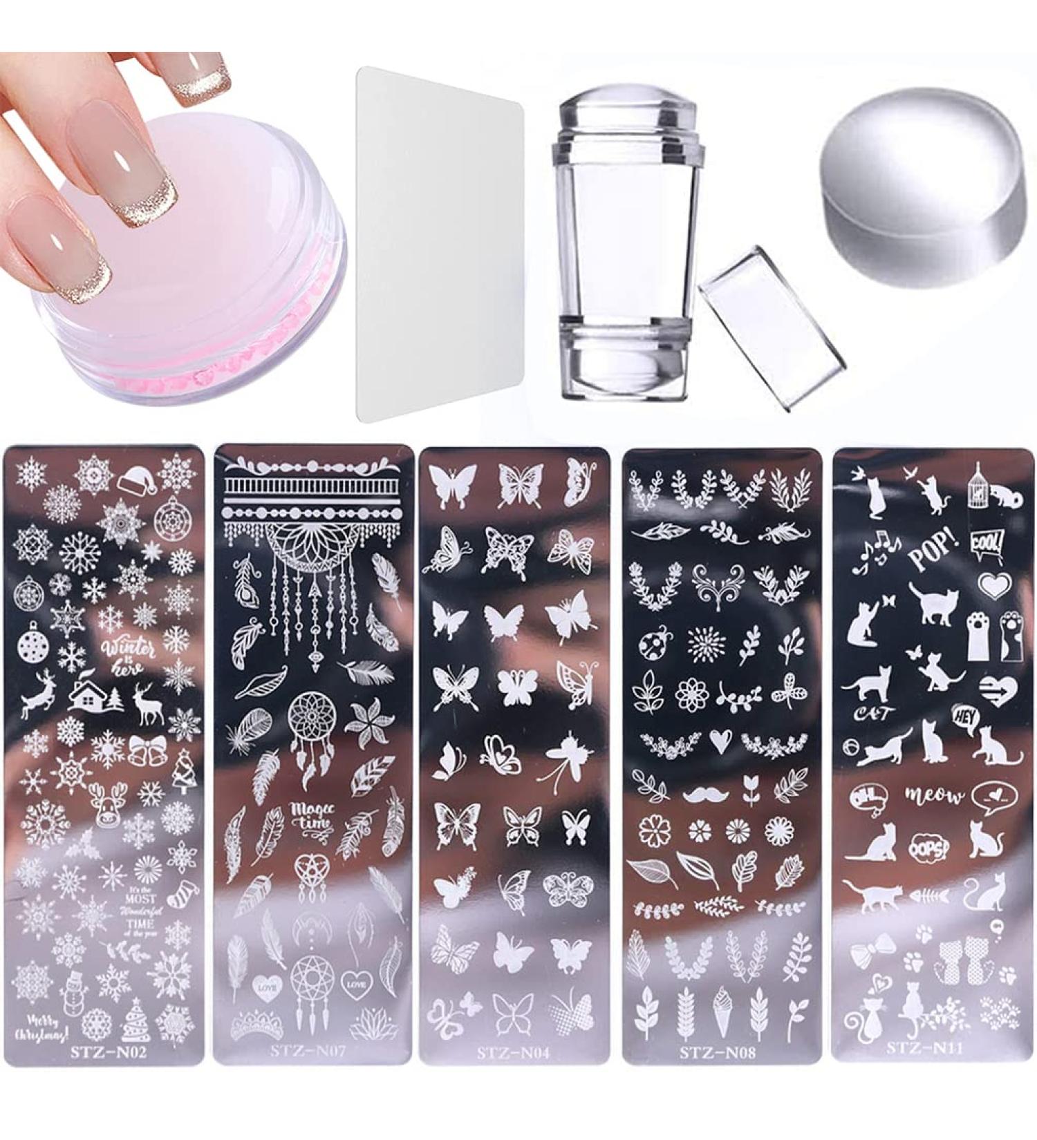 French Nail Stamp Template Kit with 1 Stamper & 2 Clear Jelly Silicone Plates - Easy DIY Nail Art Designs - Pink - Buy Online on GoSupps.com