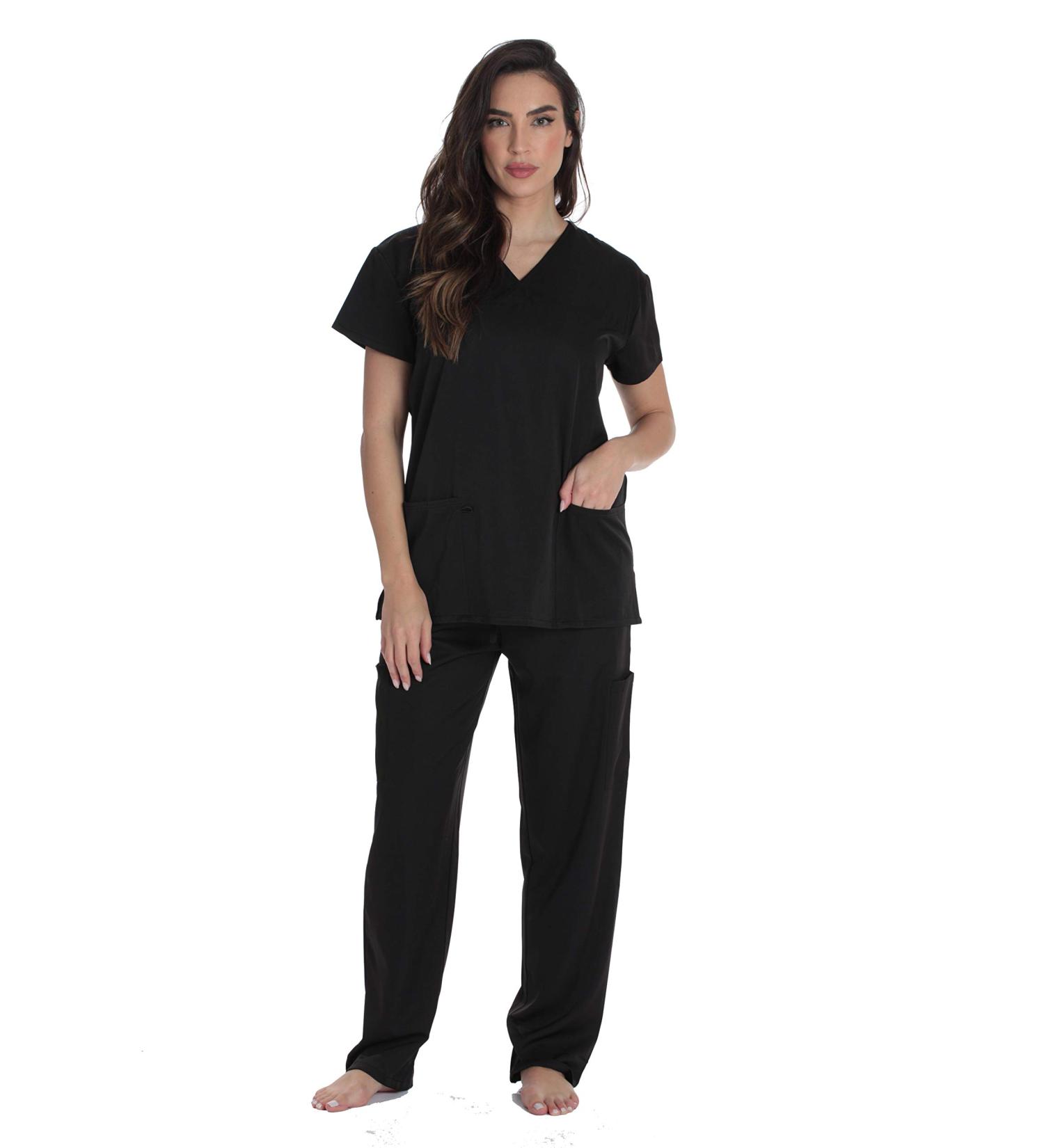 Just Love Solid Stretch Scrub Set for Women - Mock Wrap Top & Cargo Pants - Medium Black - Buy Online on GoSupps.com