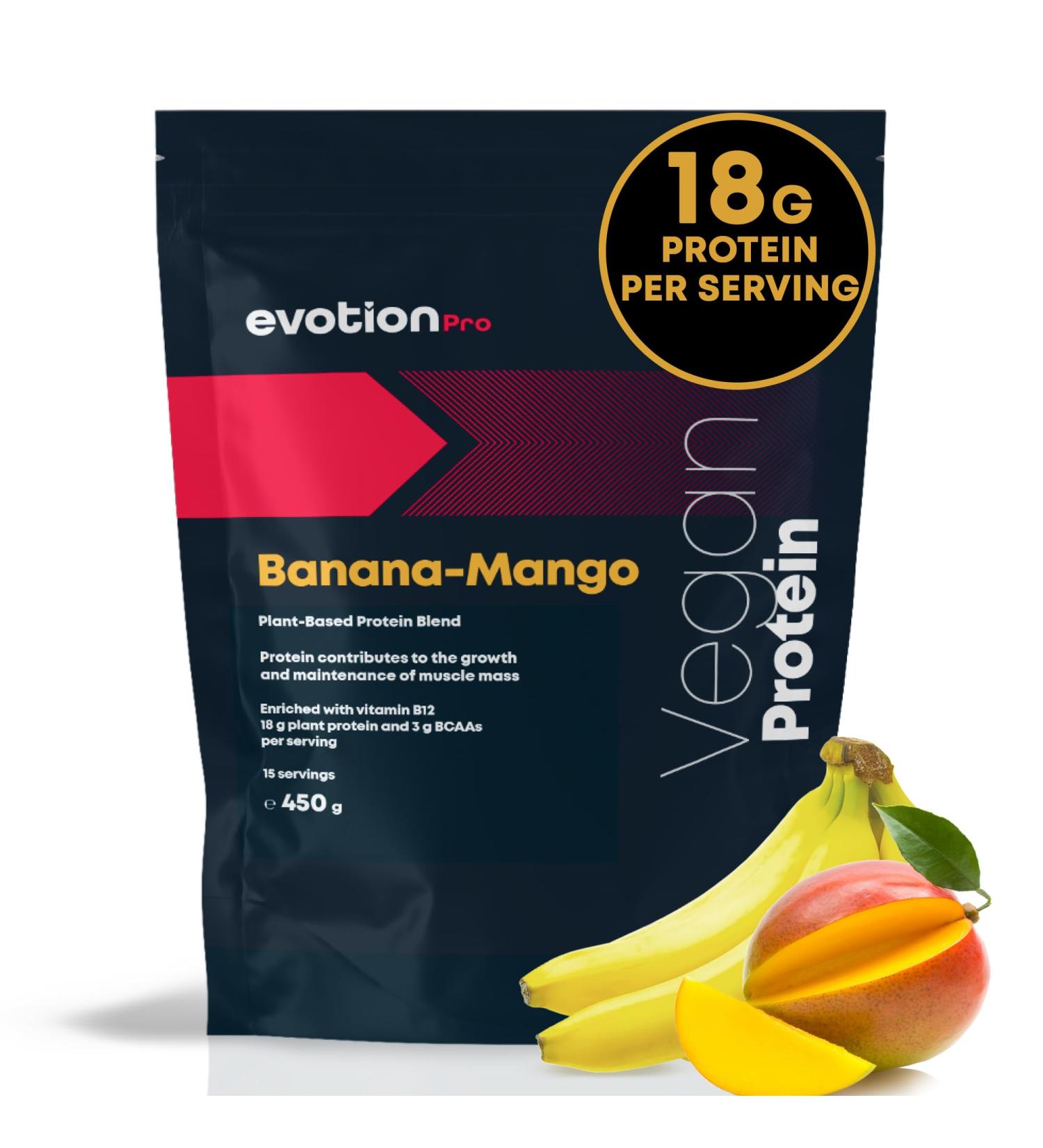 Evotion Vegan Protein Powder 450g - Banana Mango Flavor | 18g Protein 3g BCAA | Plant-Based Protein Shake - Buy Online on GoSupps.com