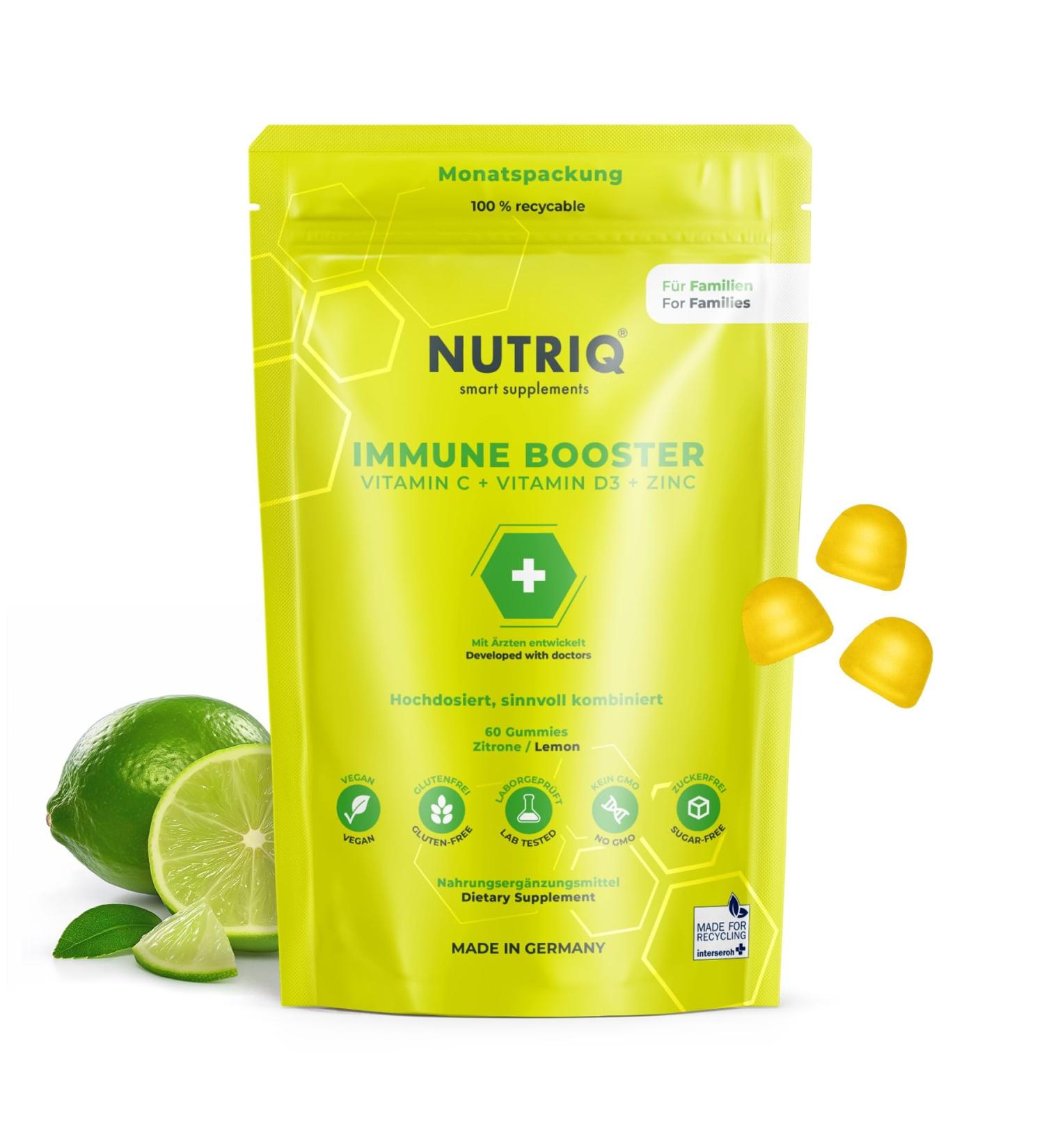 NUTRIQ Immune Booster Multivitamin Gummies - Vitamin Gums with Vitamin C + Vitamin D + Zinc for the Whole Family - 60 Pieces (2 Month Reserve) - Vegan Sugar and Gelatin Free (150g) - Buy Online on GoSupps.com