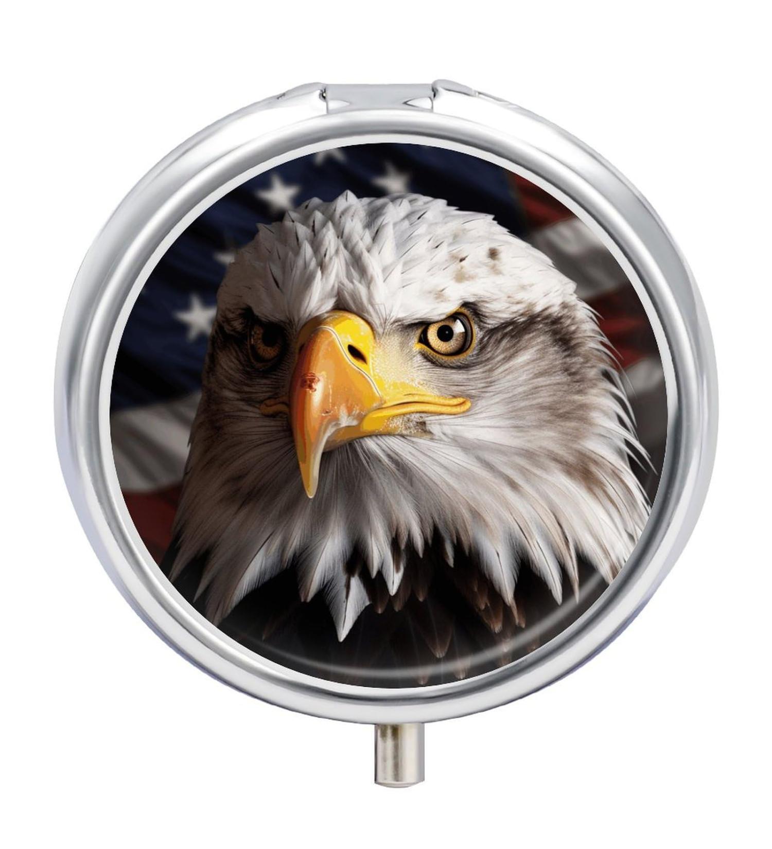 Buy Round Pill Box with America Flag & Eagle Print | 3 Compartment Decorative Metal Pill Organizer - Portable & Stylish Pocket Pill Case - Buy Online on GoSupps.com