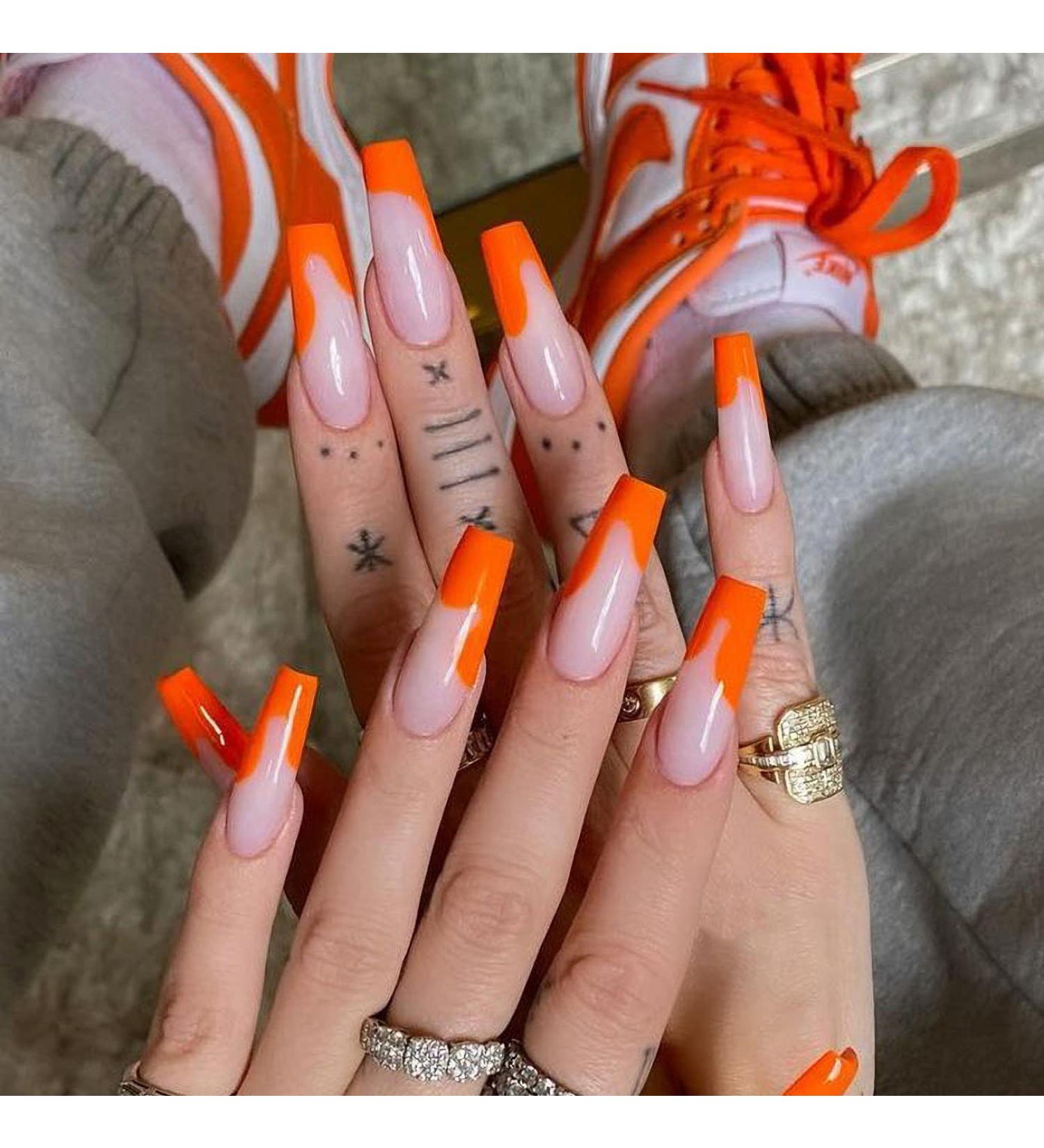 BABALAL Orange French Press Acrylic False Nails - Long Glossy Ballerina Coffin Nails for Women/Girls C03 - Buy Online on GoSupps.com