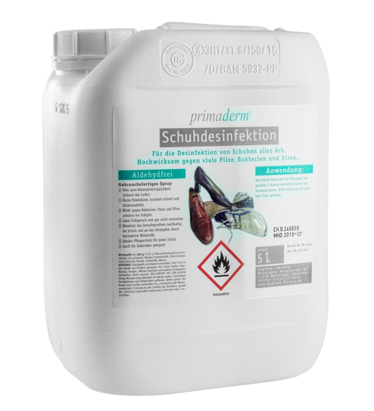 PrimaDerm shoe disinfection spray disinfectant against fungi bacteria and viruses in shoes shoe deodorant 5 L