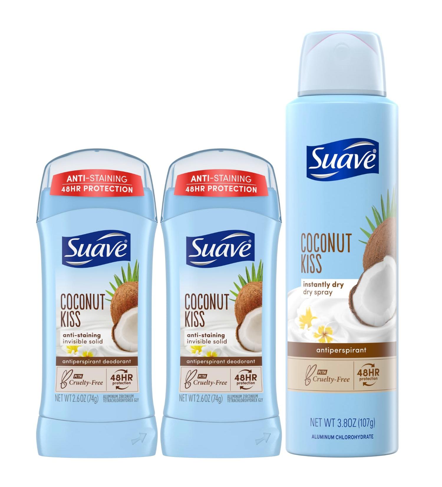 Suave Coconut Kiss Deodorant Bundle for Women - 2-Pack Invisible Solid & Dry Spray - 48H Antiperspirant Protection - Buy Online on GoSupps.com