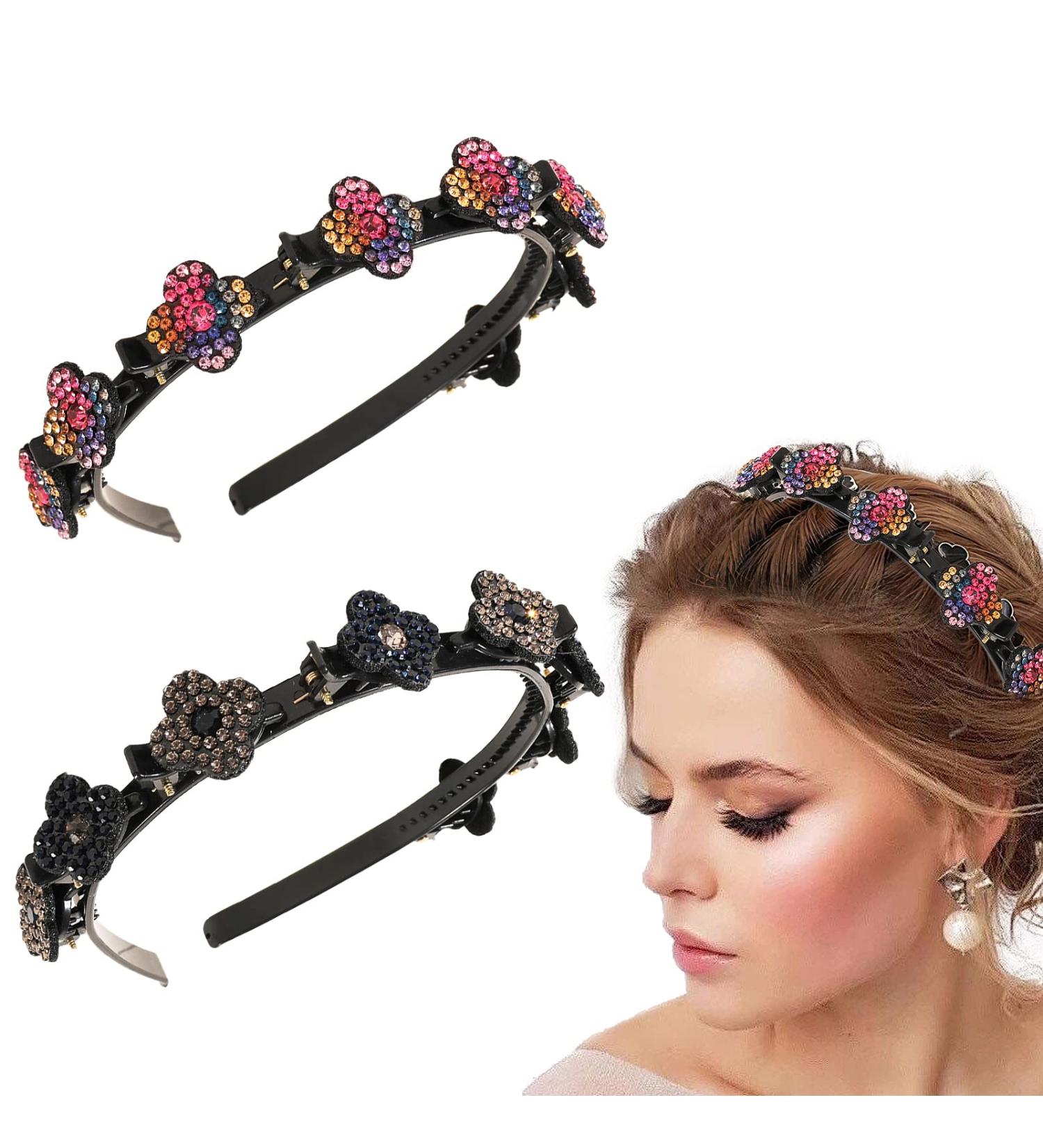 Sparkling Crystal Stone Hair Clips Double Bangs Hairstyle Headband Set for Women - Rhinestone Twist Plait Hair Accessories - Buy Online on GoSupps.com