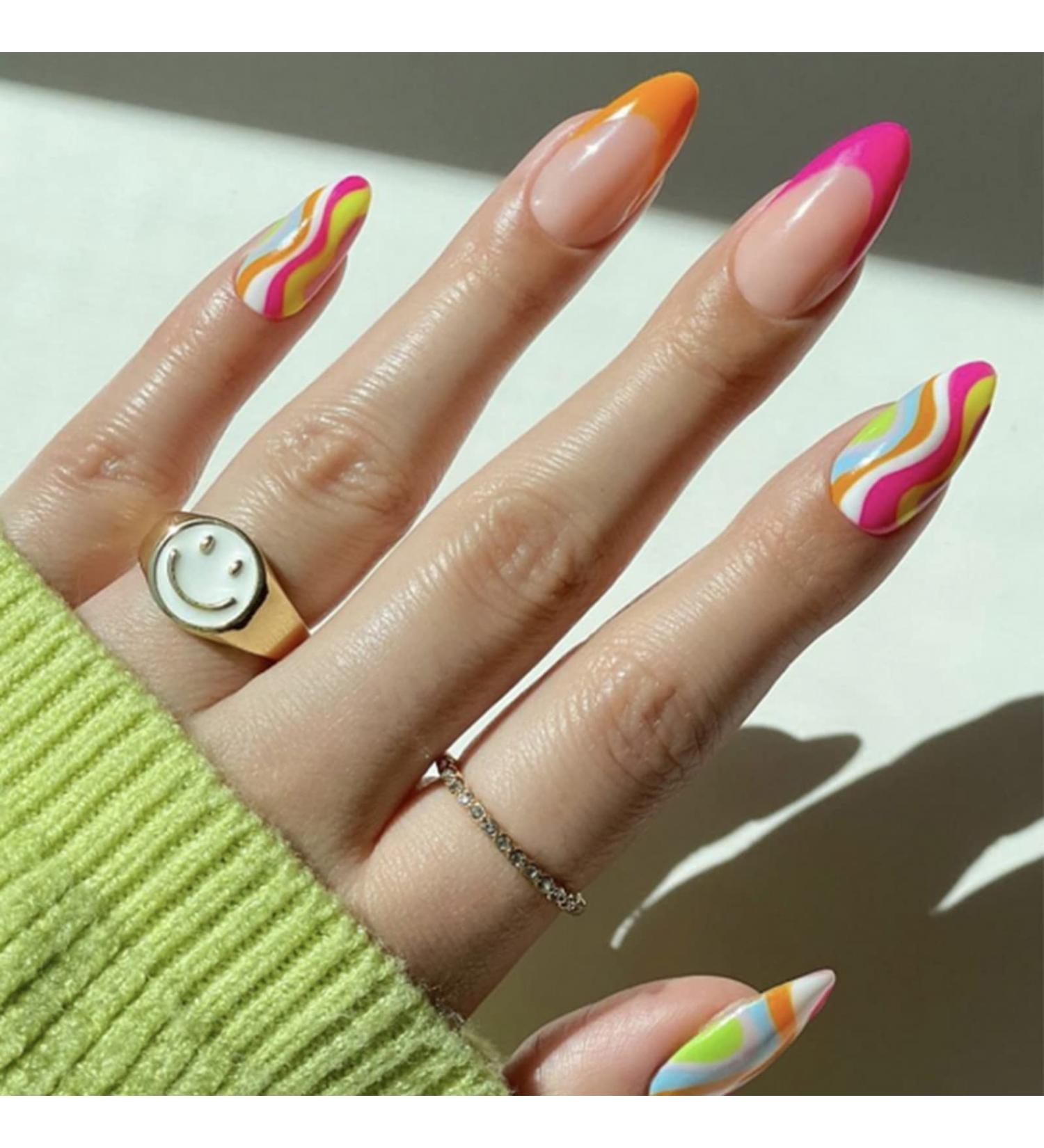 Justotry 24 Pcs Multicolour Swirl Oval False Nails - Trendy Short French Press On Nails with Nail Glue - Almond Stick On Nails for Women's Nail Art - Buy Online on GoSupps.com