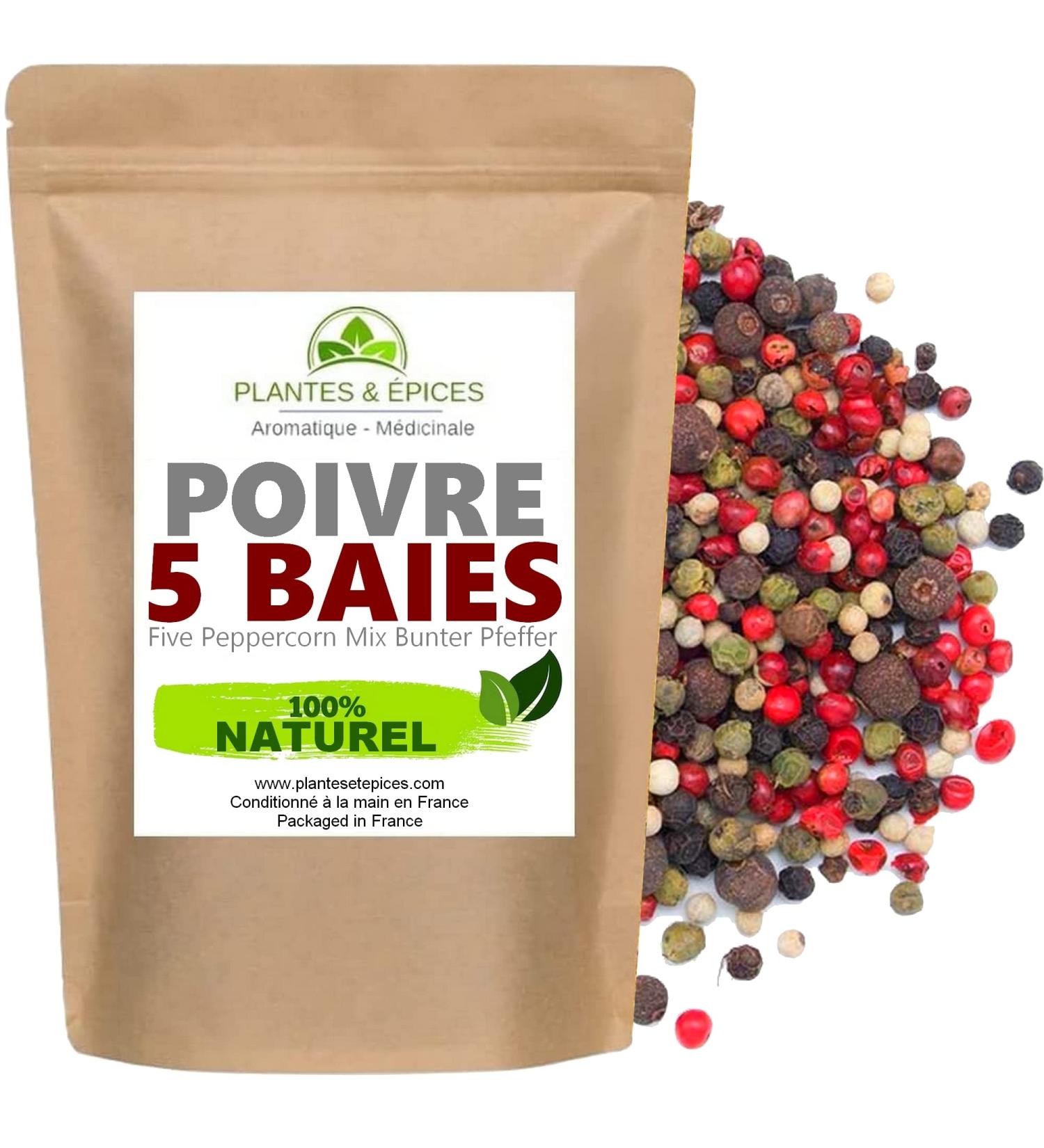 Poivre en Grain 5 Baies 100% naturel - M lange Poivre Moulin 5 Baies - Sachet Fra cheur Biod gradable Refermable (50G) 50 g (Lot de 1) - Buy Online on GoSupps.com