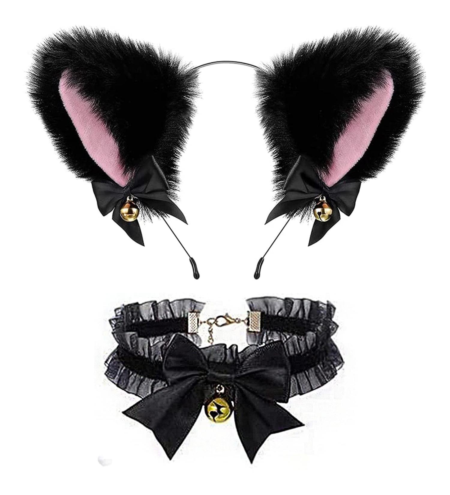 Cat Ears Headband Choker Necklace Set Plush Furry Ears Hairband with Bells Bow Christmas Gifts Maid Outfit Cosplay Daily Decoration for Women (black pink) - Buy Online on GoSupps.com