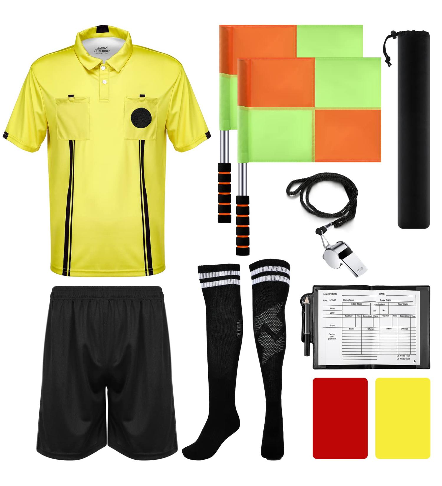 Hicarer 6 Pcs Football Soccer Referee Package Kit Men Referee Costume Ref Shirt Linesman Flags Referee Whistle Soccer Referee Cards Sport Soccer Accessory for Adult Teenager Small - Buy Online on GoSupps.com