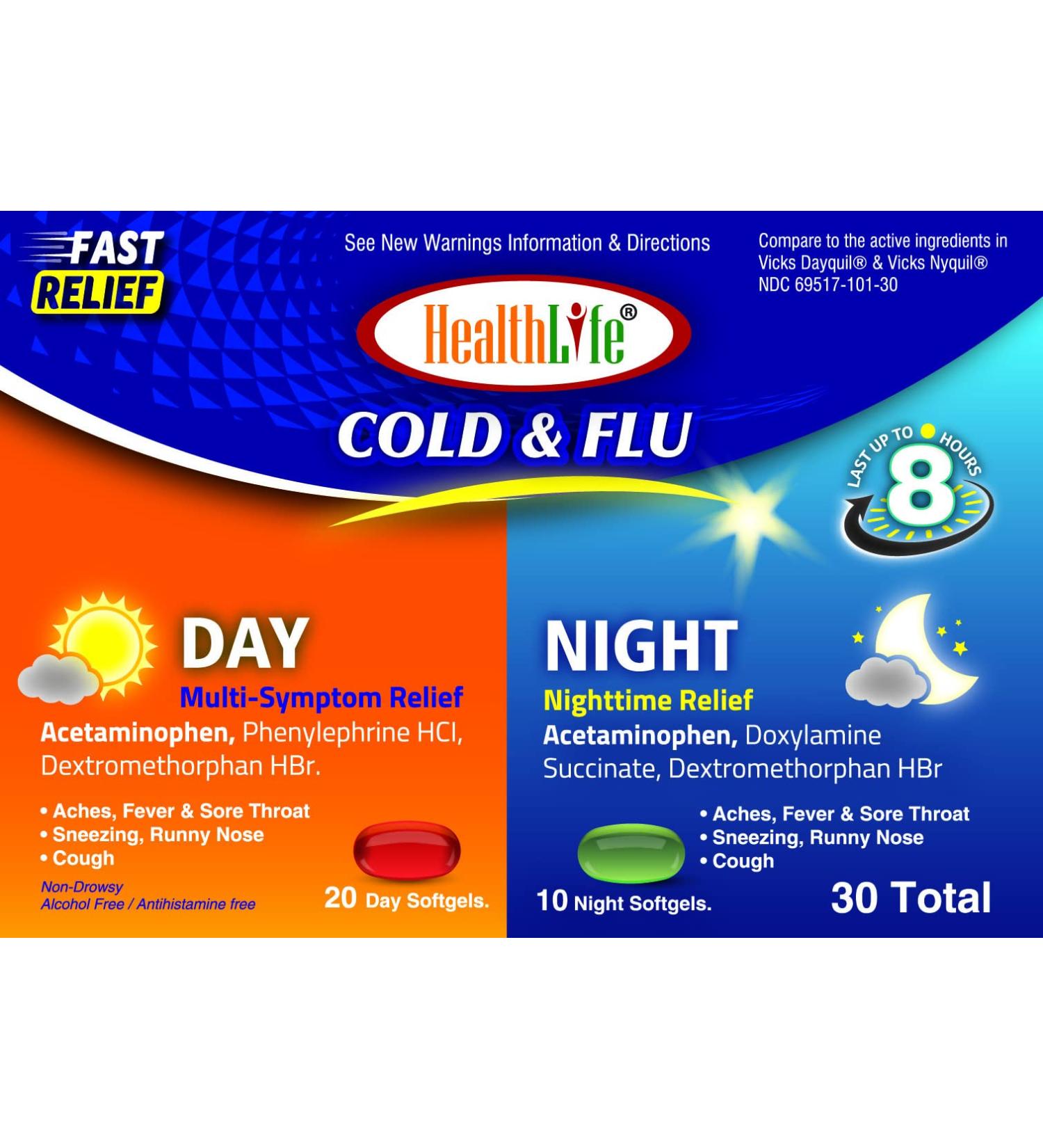 Healthlife Day & Night Cough Cold & Flu Relief Softgels - 30 Count (20 Day / 10 Night) | Sore Throat, Fever & Congestion Relief - Buy Online on GoSupps.com