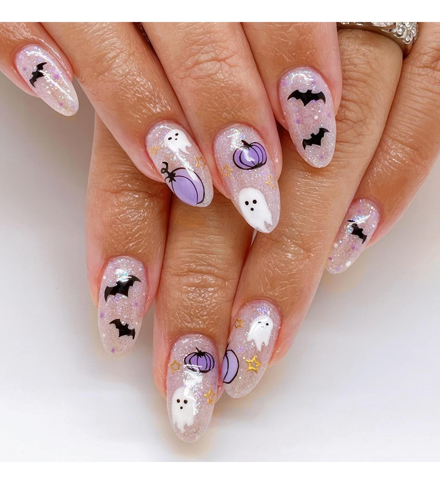 Shop Halloween Press on Nails - Short Almond Fake Nails with Ghosts & Pumpkins | 24 Pcs Acrylic Full Cover for Women - Buy Online on GoSupps.com