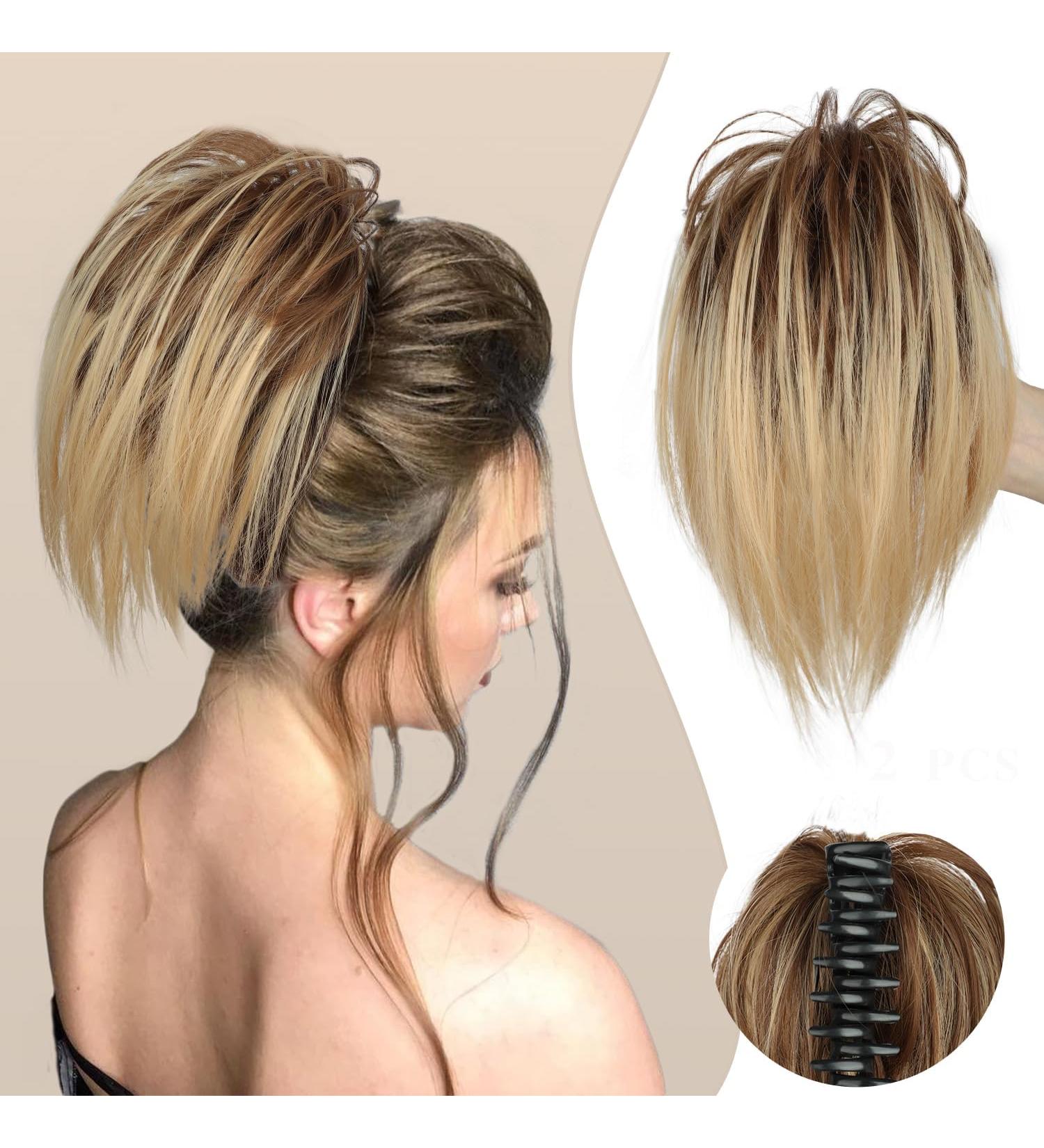 Colorful Panda Claw Clip Short Ponytail Hair Extension in Blonde Mix Dark Brown Color - Synthetic Messy Bun Hairpiece for Women and Girls - Buy Online on GoSupps.com