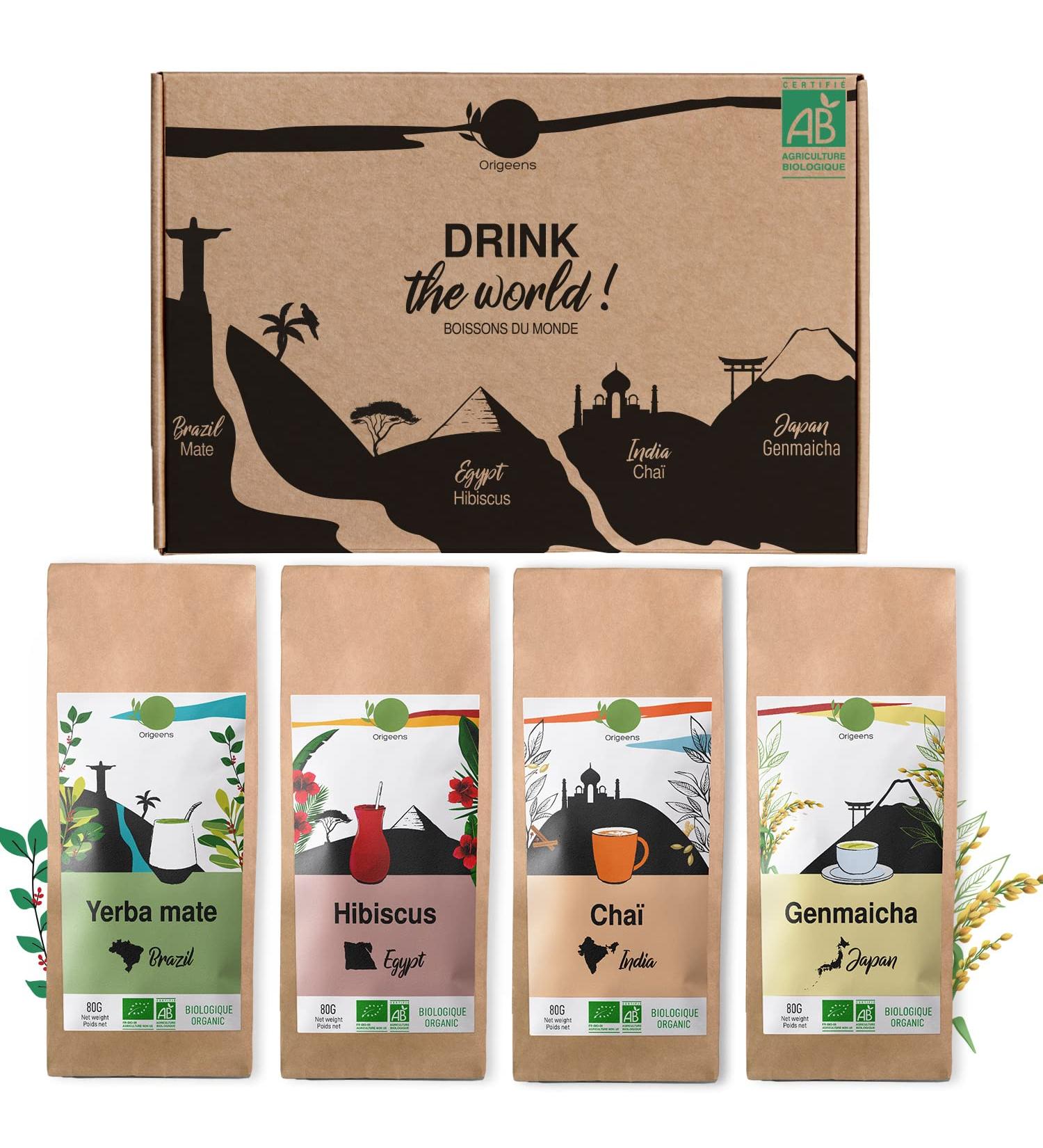  Origeens ORIGEENS Organic Tea Set Drinks of the World - Hibiscus Mate Chai Tea Genmaicha Green Tea - Tea Assortment 4x80gr - Tea Gift Set - Buy Online on GoSupps.com